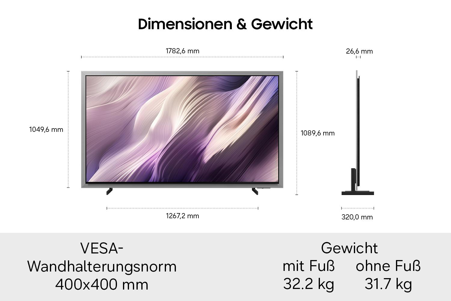 Technische Zeichnung mit TV-Maßen, VESA-Norm 400x400 mm und Gewichten mit und ohne Fuß.