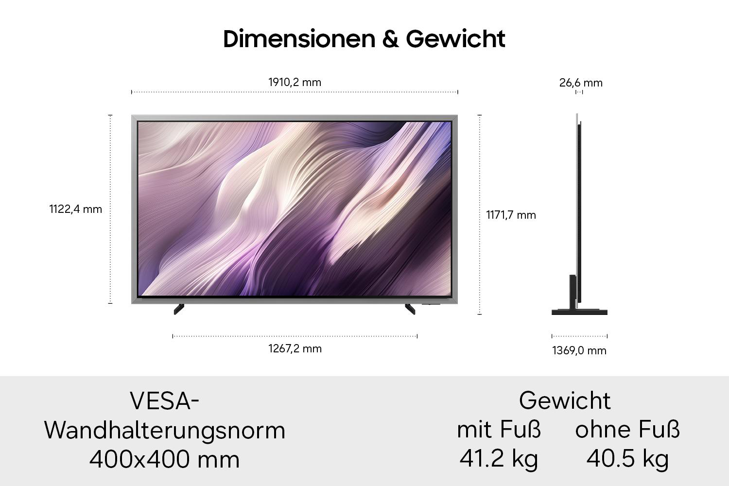 Diagramm mit Fernseher, das Maße, VESA-Norm und Gewicht mit und ohne Standfuß angibt.
