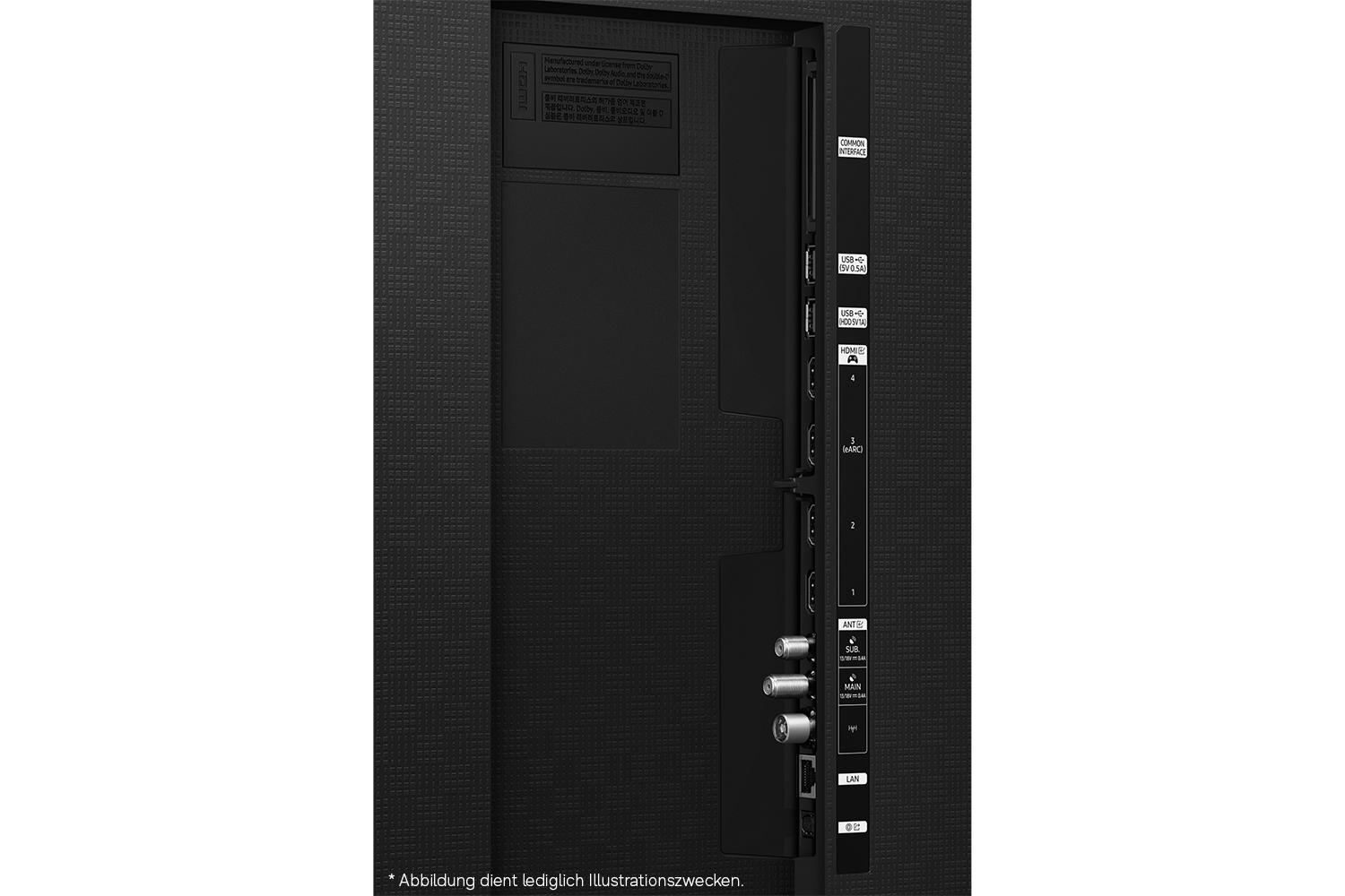 Rückseite eines schwarzen Fernsehers mit verschiedenen Anschlüssen wie USB, HDMI und LAN.
