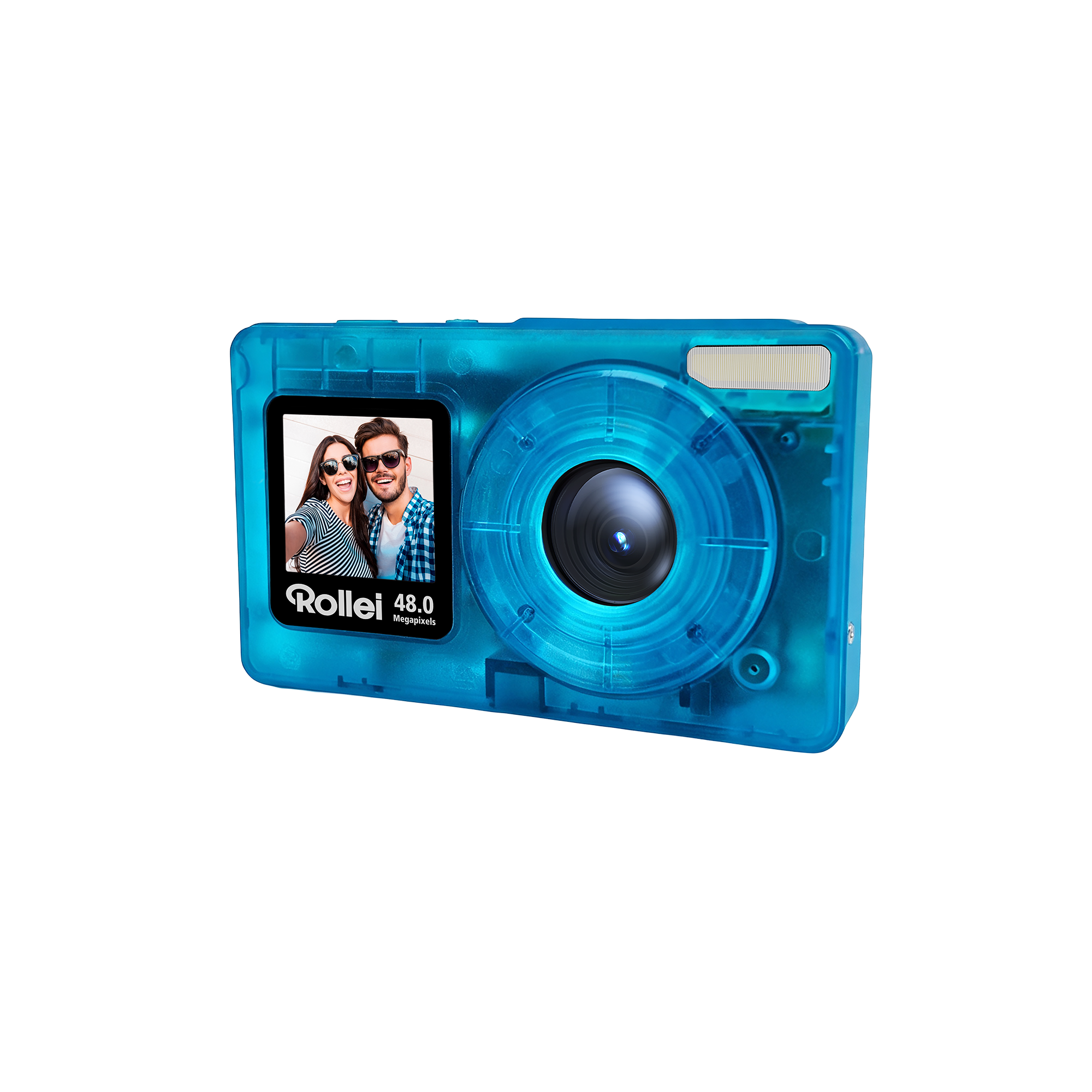 Blaue transparente Digitalkamera mit Selfie-Bildschirm und großer Linse auf schwarzem Hintergrund.