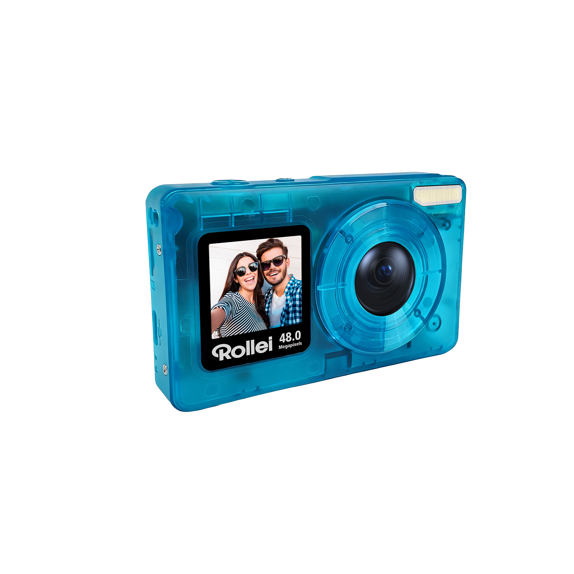 Blaue, transparente Rollei Digitalkamera mit Bildschirmanzeige von zwei lächelnden Personen.
