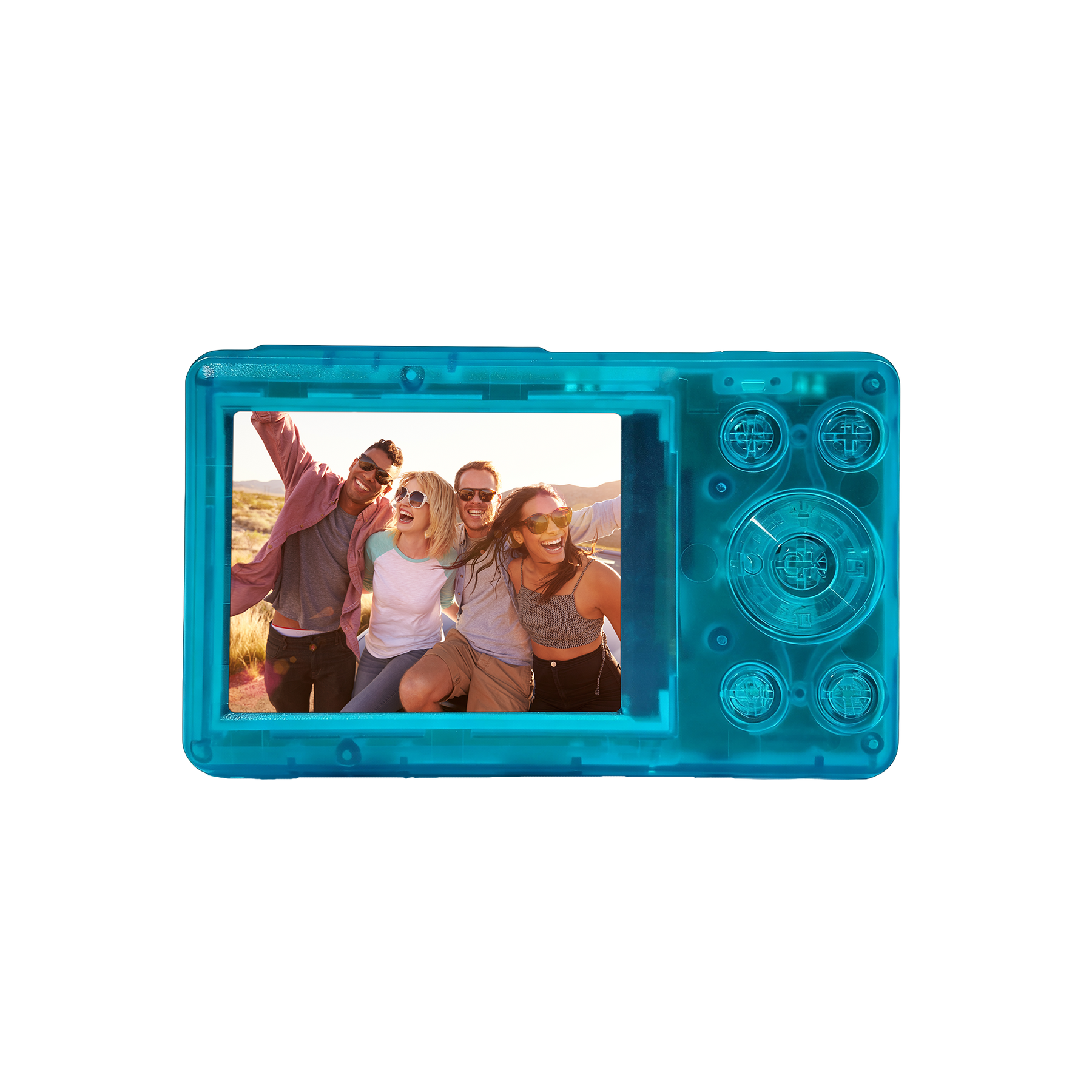 Blaue transparente Digitalkamera zeigt auf dem Display vier fröhliche Freunde im Freien.