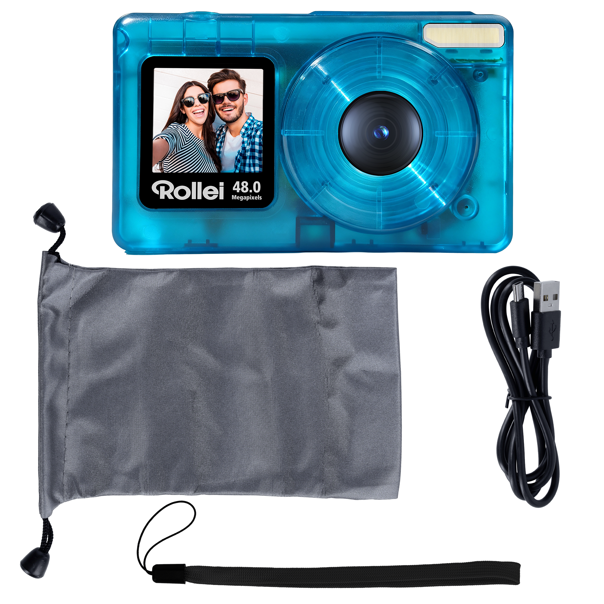 Blaue transparente Digitalkamera mit grauem Beutel und Ladekabel auf schwarzem Grund.