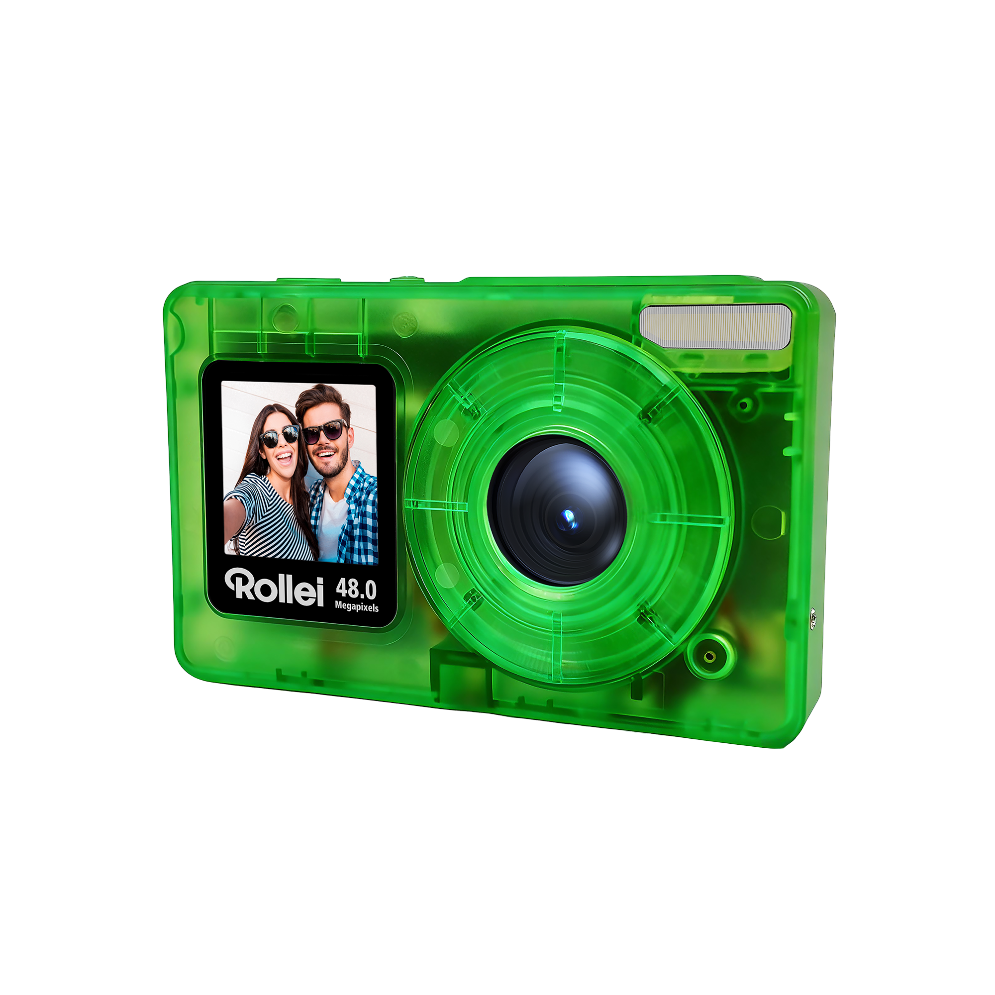 Eine transparente grüne Digitalkamera mit einem Display, das ein Selfie zeigt, und einer großen Linse vorne.