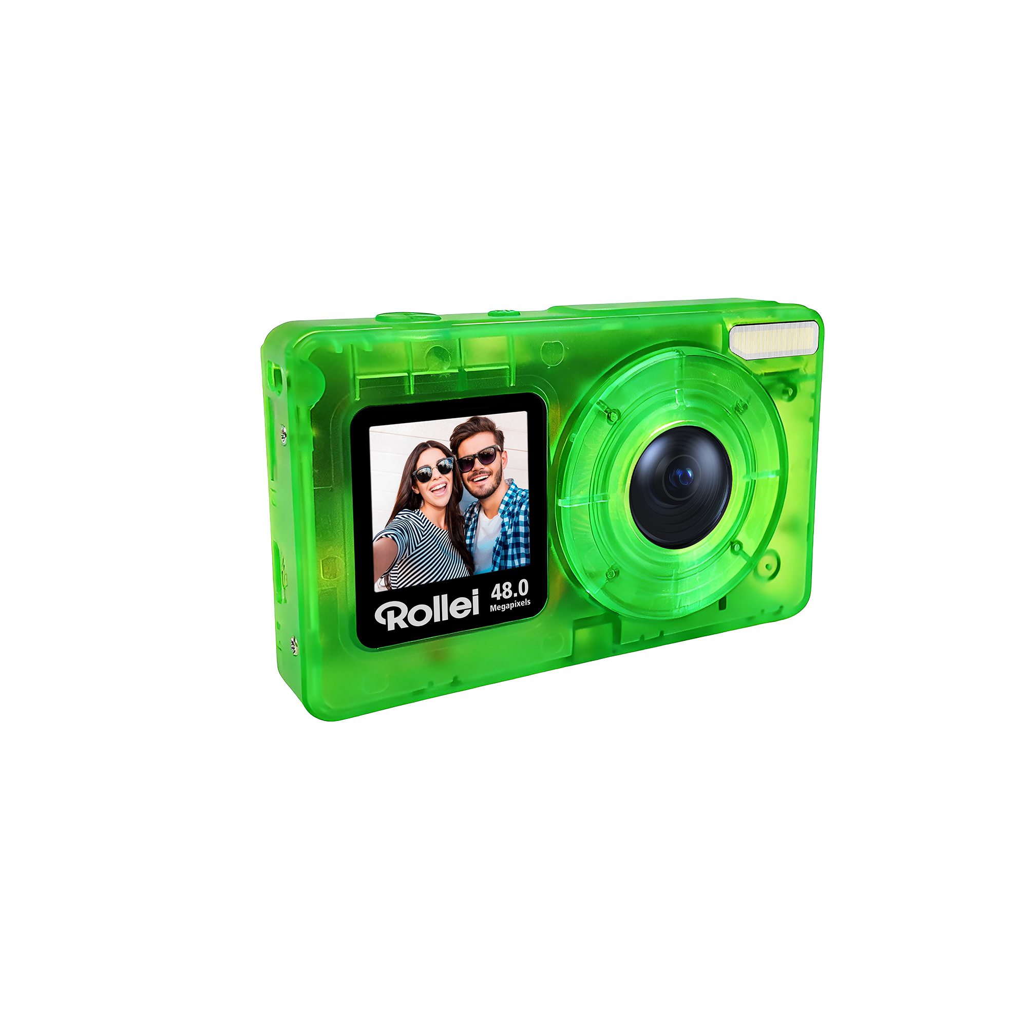 Transparente grüne Rollei Digitalkamera mit Selfie-Bild auf dem Display und integriertem Blitz auf schwarzem Grund.