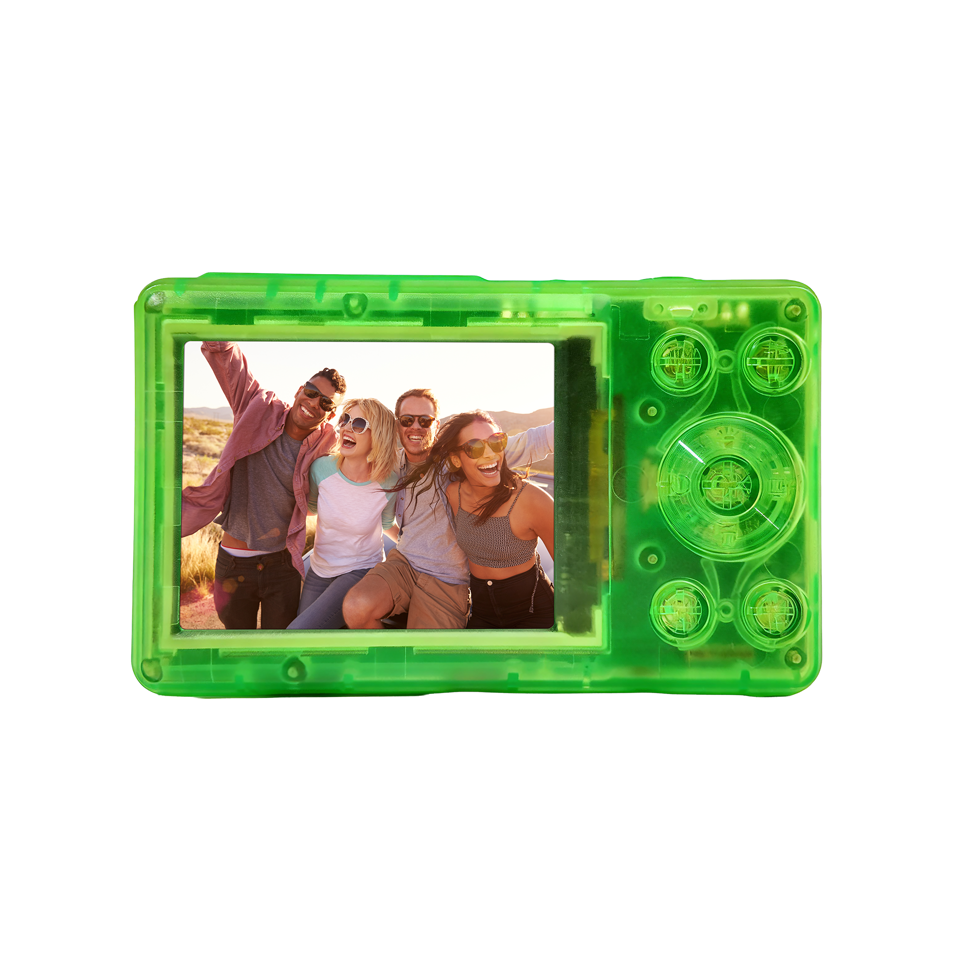 Eine neongrüne Digitalkamera zeigt ein Foto von vier glücklichen Freunden im Sonnenlicht.