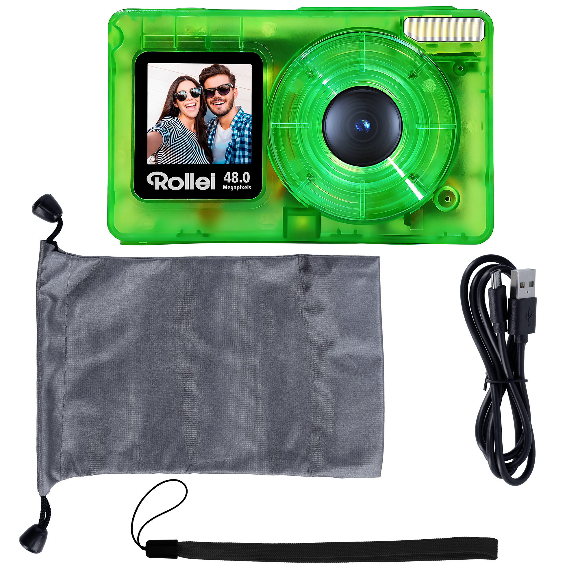 Eine transparente grüne Digitalkamera mit grauem Etui, Handschlaufe und USB-Kabel vor schwarzem Hintergrund.