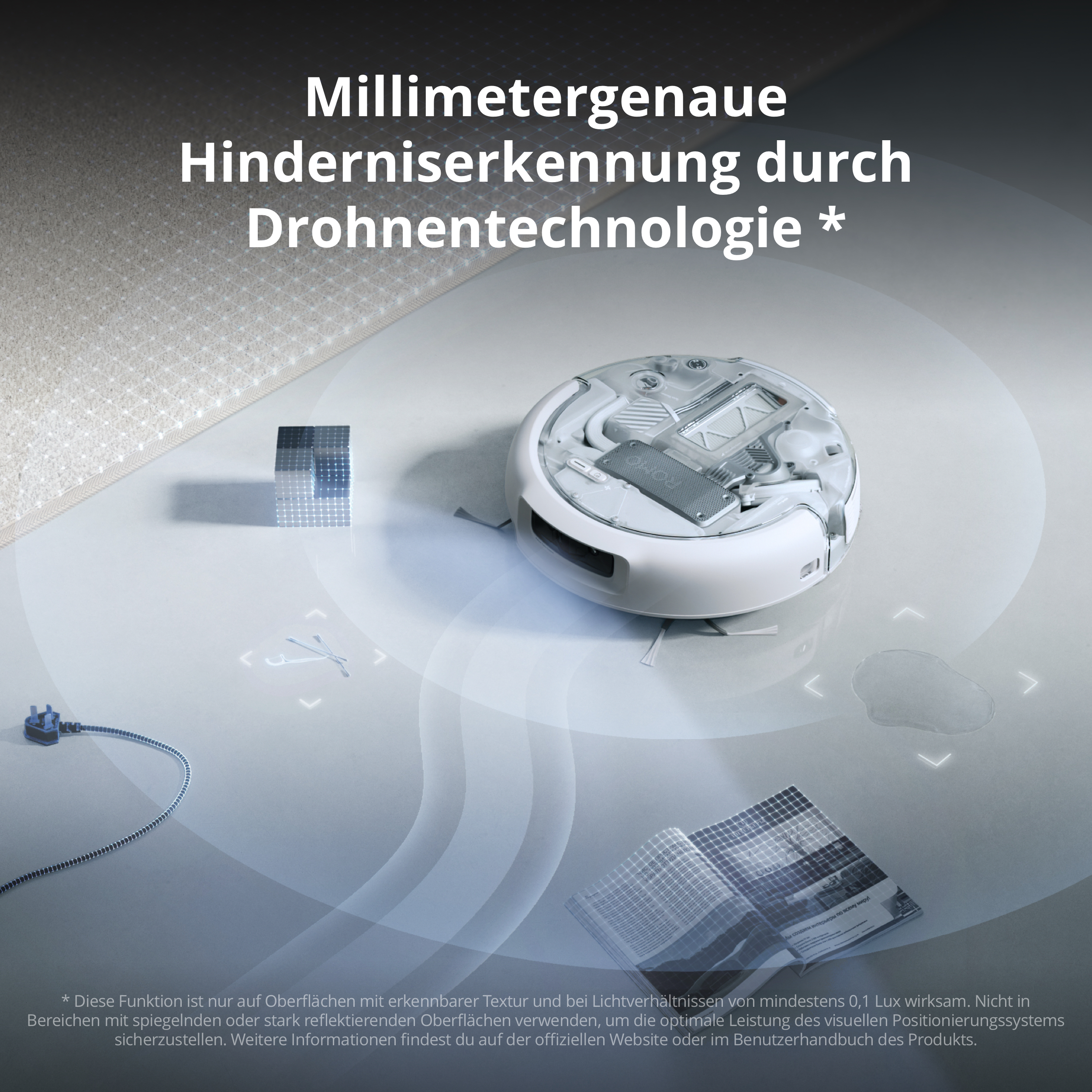 Ein weißer Saugroboter auf einem Boden mit verschiedenen Hindernissen und Sensormarkierungen.