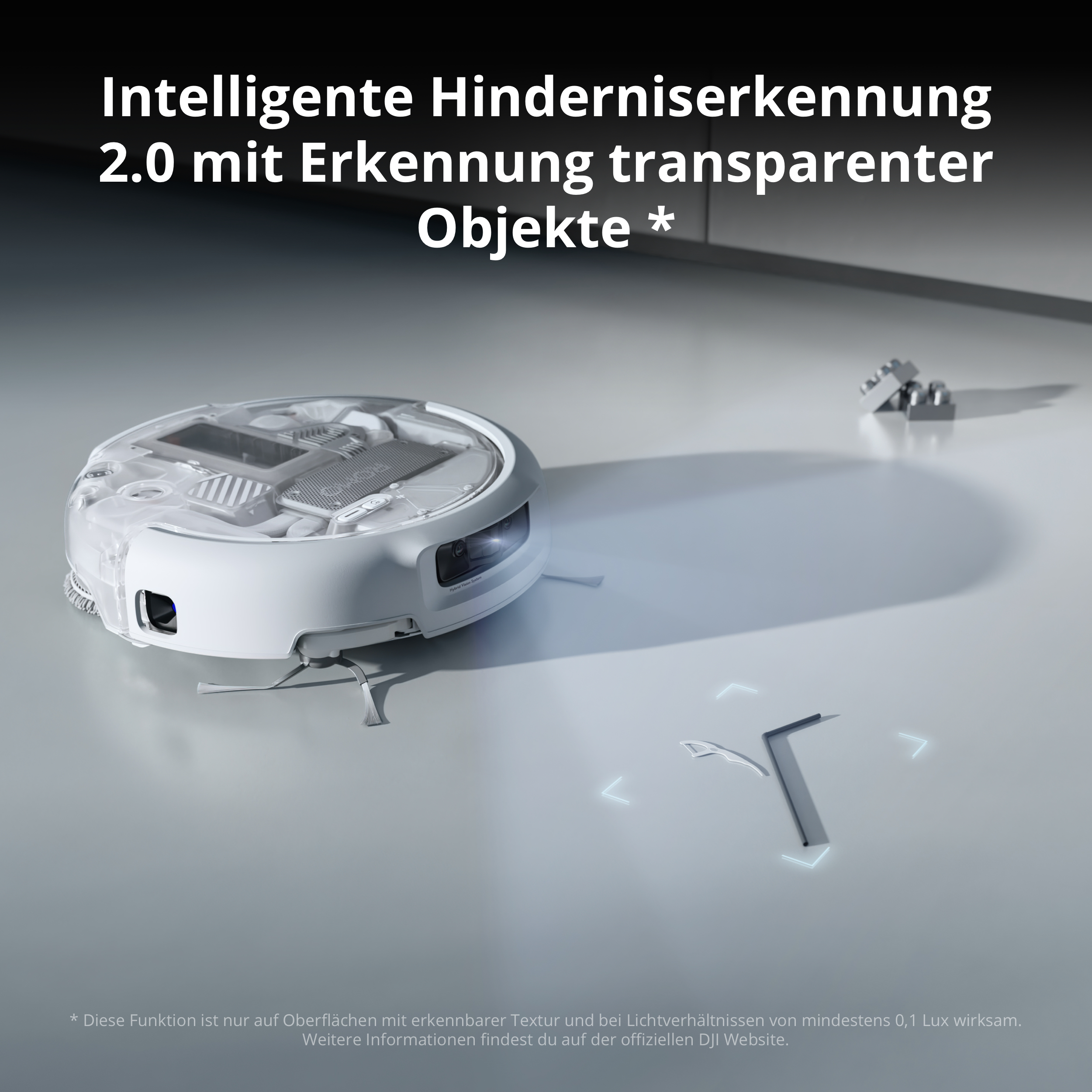 Ein weißer Saugroboter auf einem grauen Boden mit transparenten Hindernissen und Text oben.