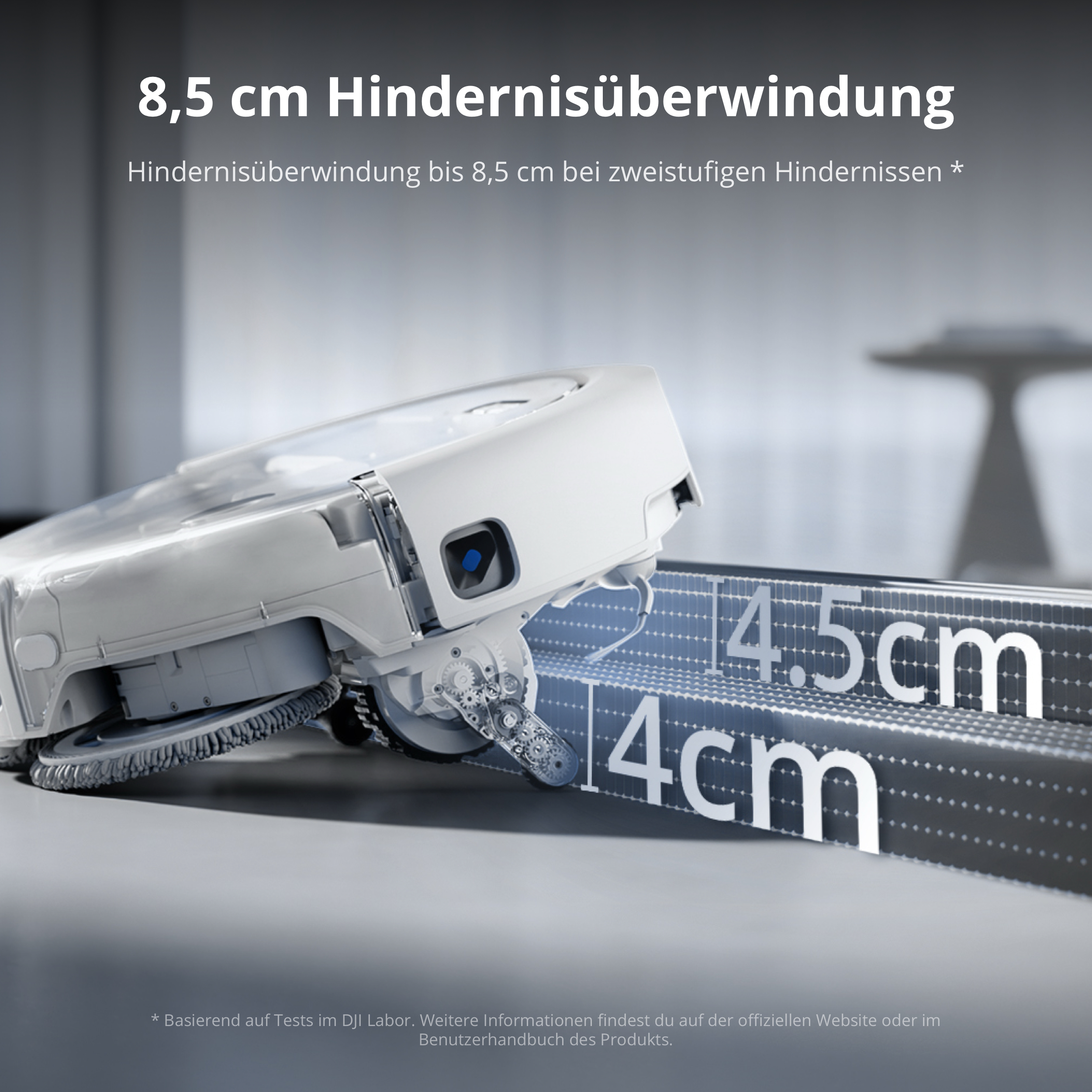 Ein weißer Saugroboter überwindet eine 8,5 cm hohe zweistufige Schwelle.