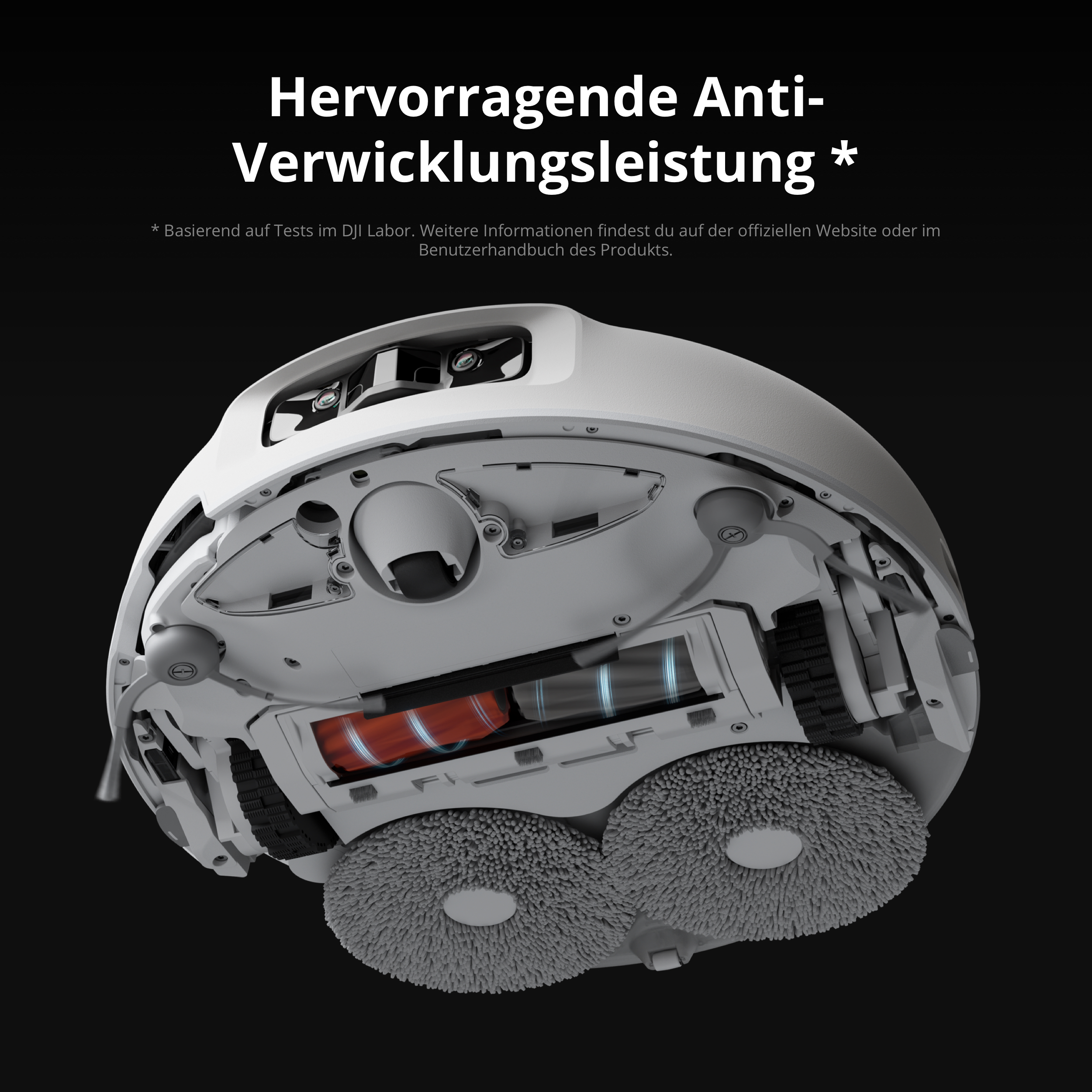 Unterseite eines weißen Saugroboters mit roten Bürsten und zwei grauen Wischmopps.