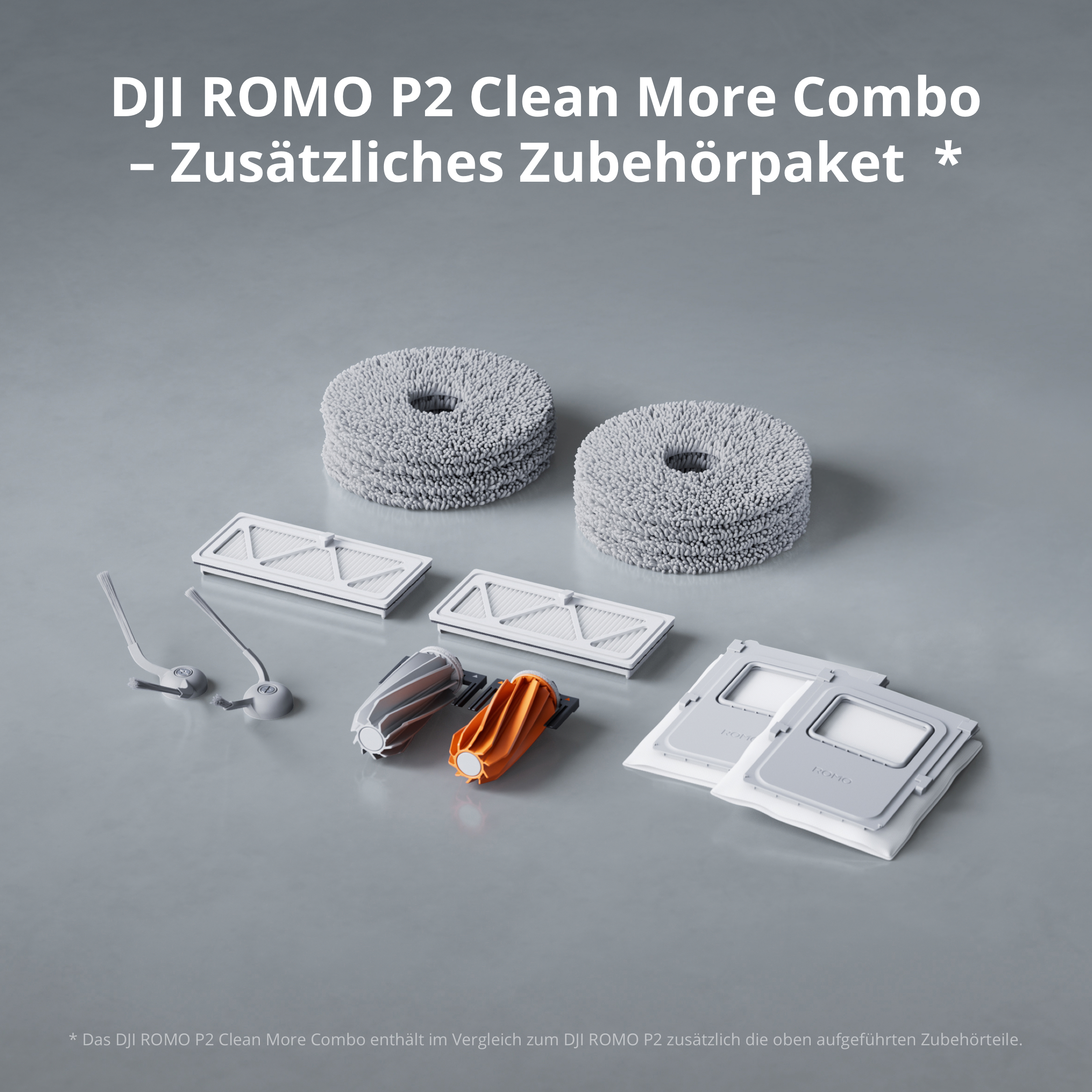 DJI ROMO P2 Zubehörset mit Mopp-Pads, Filtern, Bürsten, Walzen und Staubbeuteln auf grauem Grund.