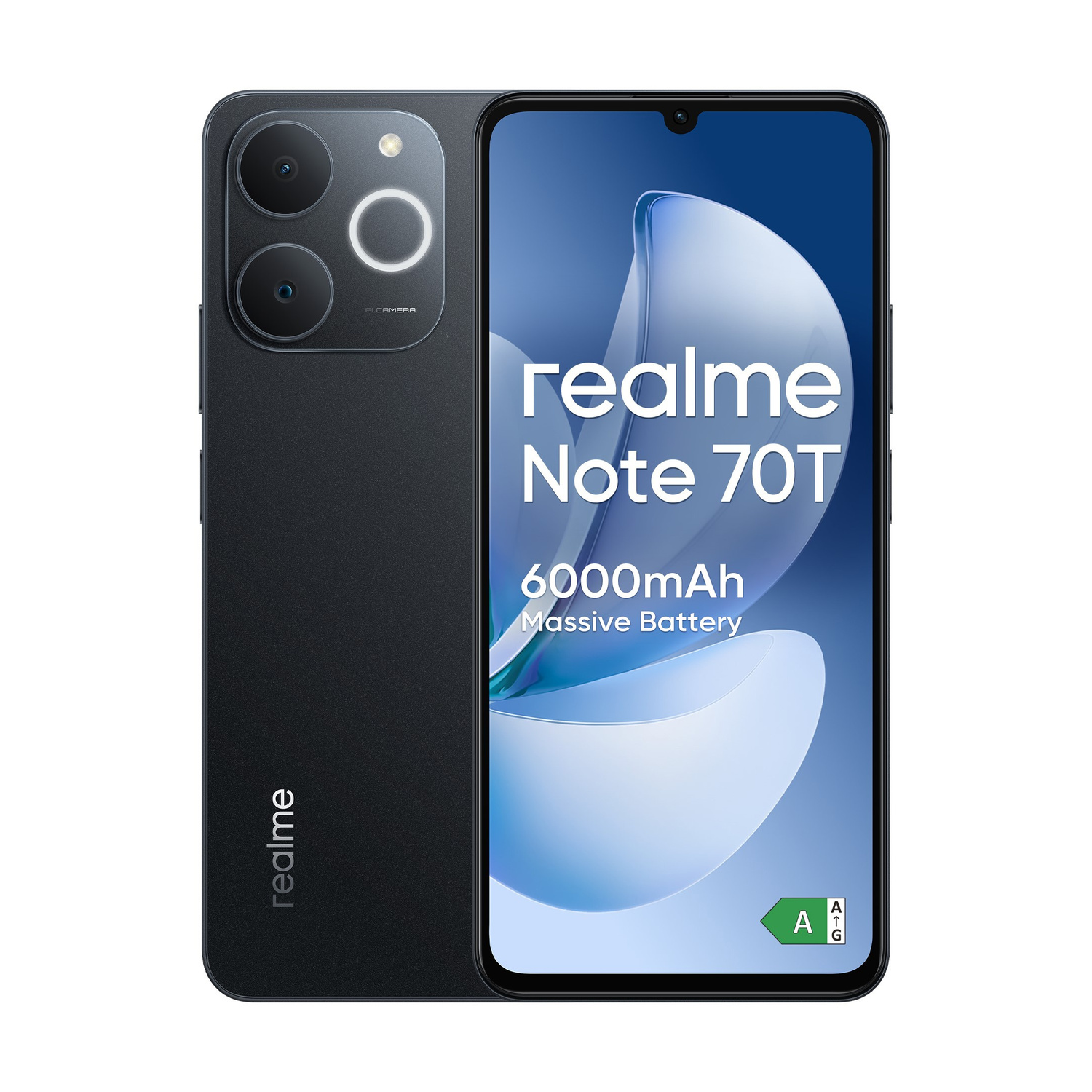 Smartphone nero Realme Note 70T che mostra fronte e retro, con batteria da 6000mAh.