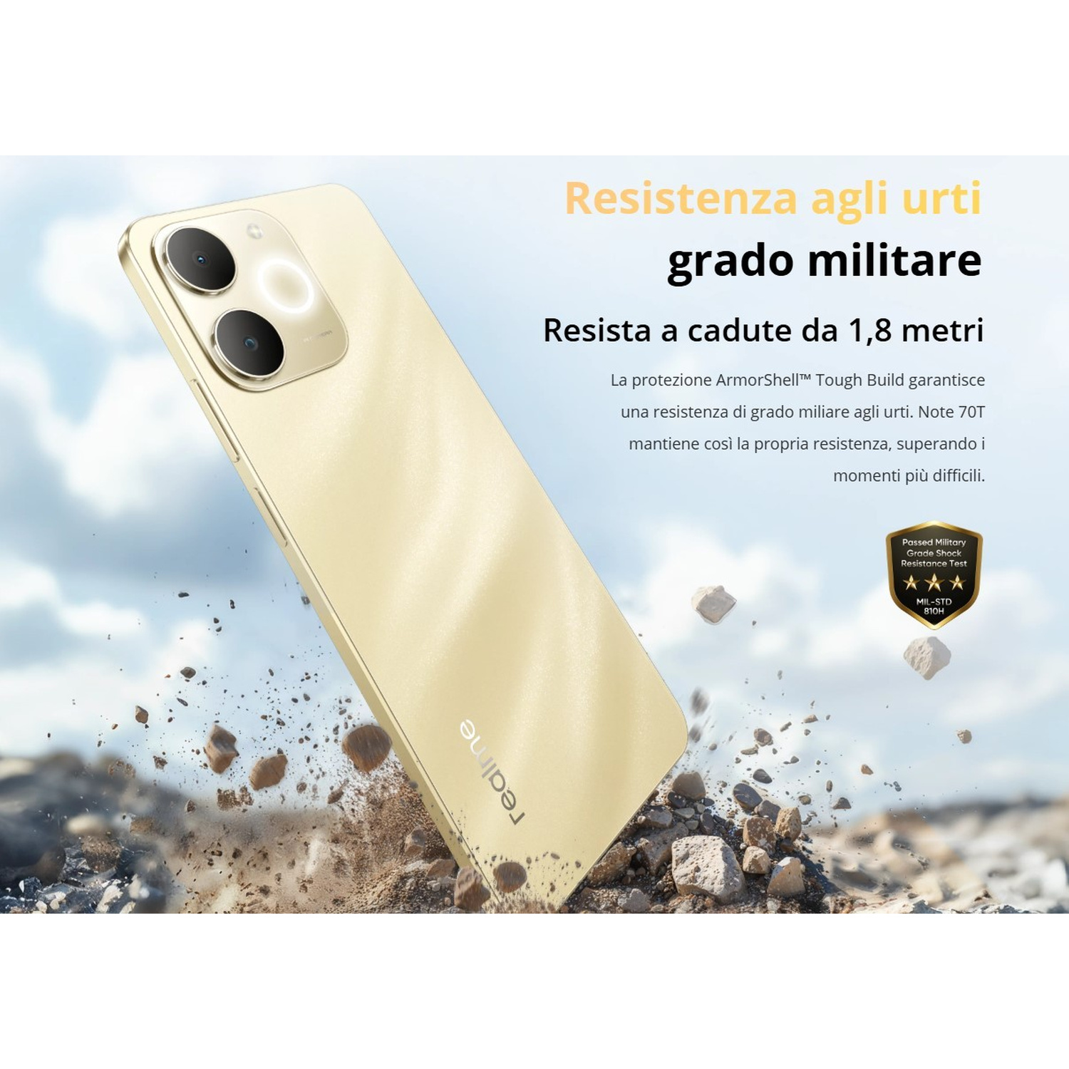 Uno smartphone dorato fluttua tra rocce e detriti, con testo sulla resistenza agli urti.