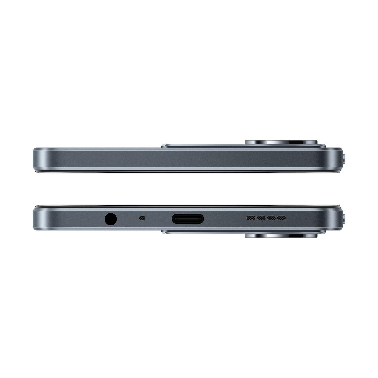Vista laterale di uno smartphone scuro con jack per cuffie, porta USB-C e altoparlanti.