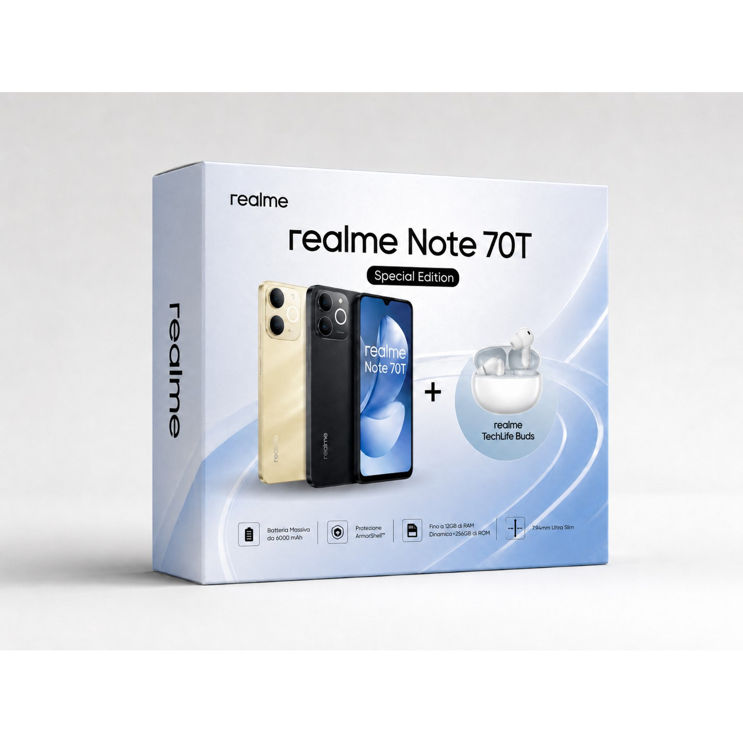 Scatola blu del Realme Note 70T Special Edition con smartphone e auricolari TechLife.