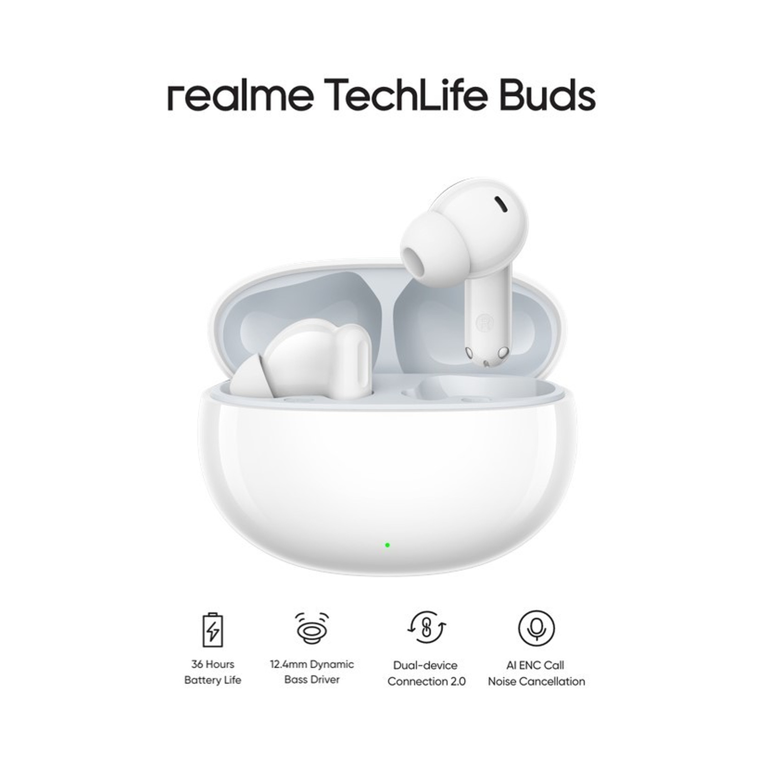 Auricolari bianchi Realme TechLife Buds nella custodia con icone.