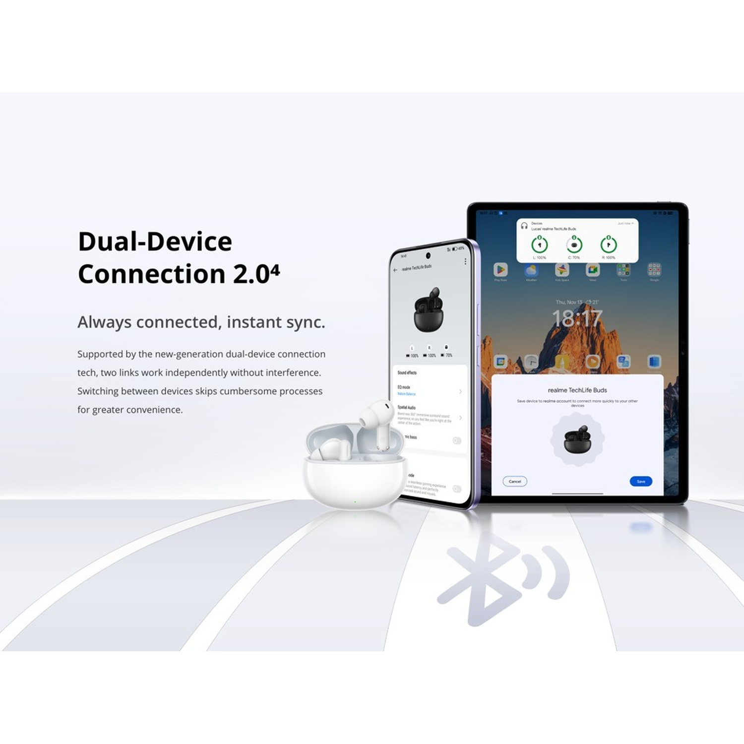 Promo per connessione a due dispositivi con smartphone, tablet e auricolari.