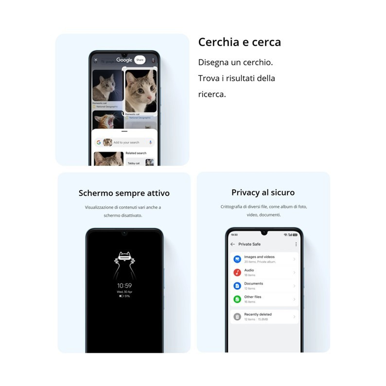 Infografica con funzioni smartphone: cerchia e cerca, schermo sempre attivo e cassaforte privata.