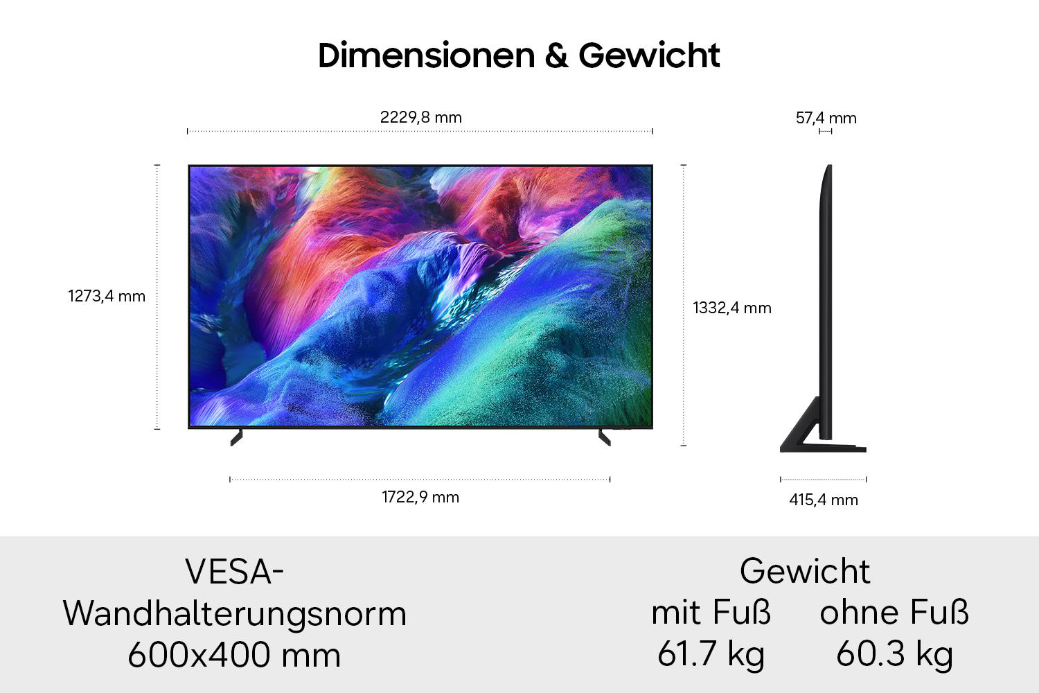 Technische Zeichnung der TV-Maße: 2229,8 x 1273,4 x 57,4 mm, mit Fuß und Gewichtangaben.