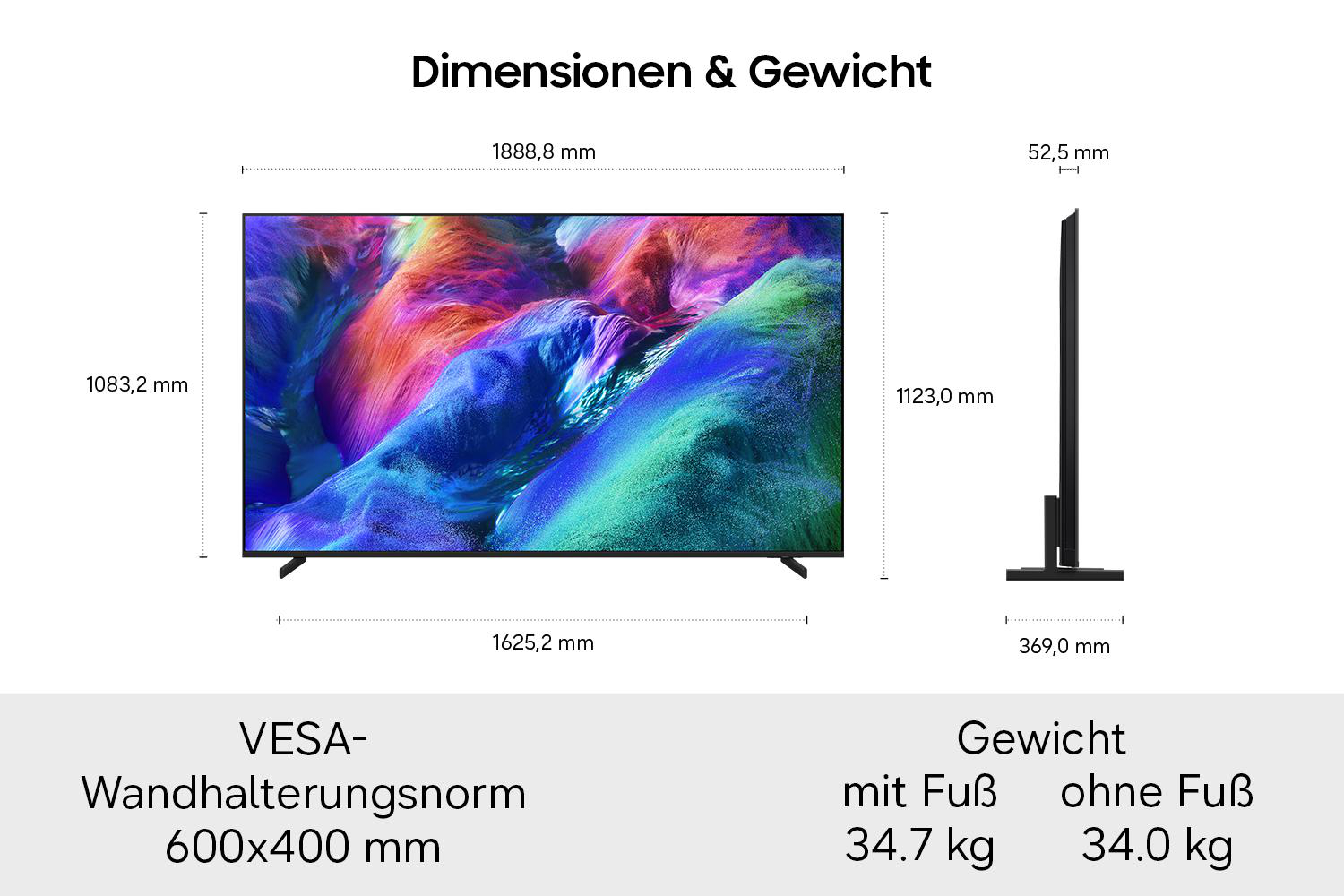 Diagramm zeigt Fernseher-Dimensionen: Breite 1888,8 mm, Höhe 1083,2 mm und Gewichte mit sowie ohne Fuß.