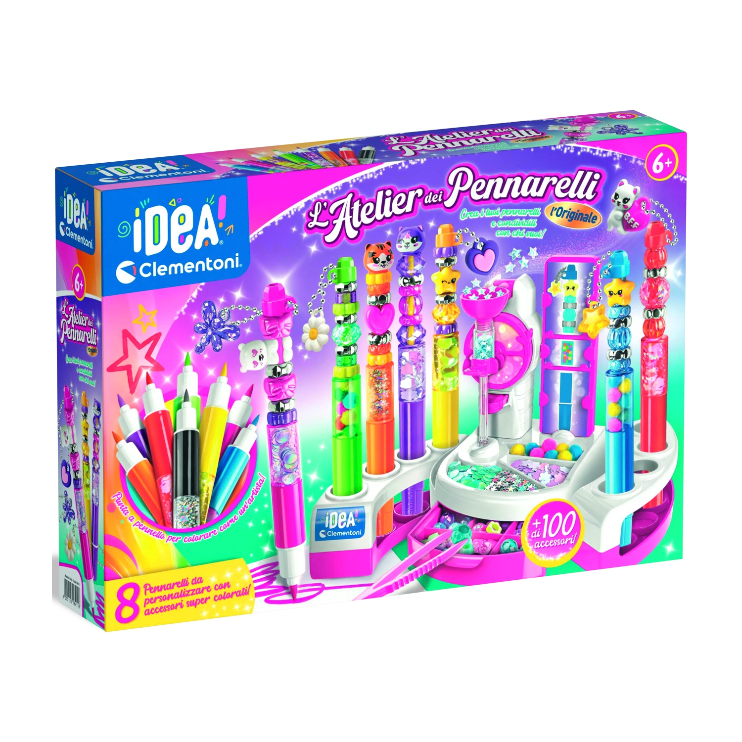 Set per creare pennarelli Clementoni L'Atelier dei Pennarelli con oltre 100 accessori colorati e stazione.