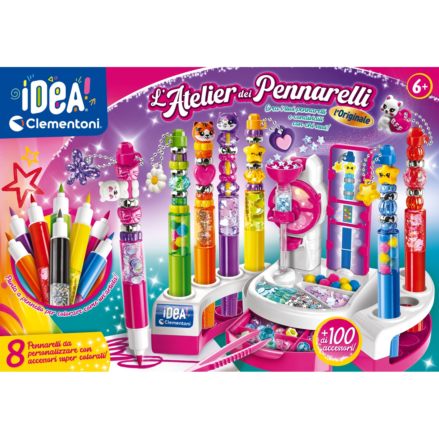 Un colorato set di gioco Clementoni per creare e personalizzare penne con accessori.