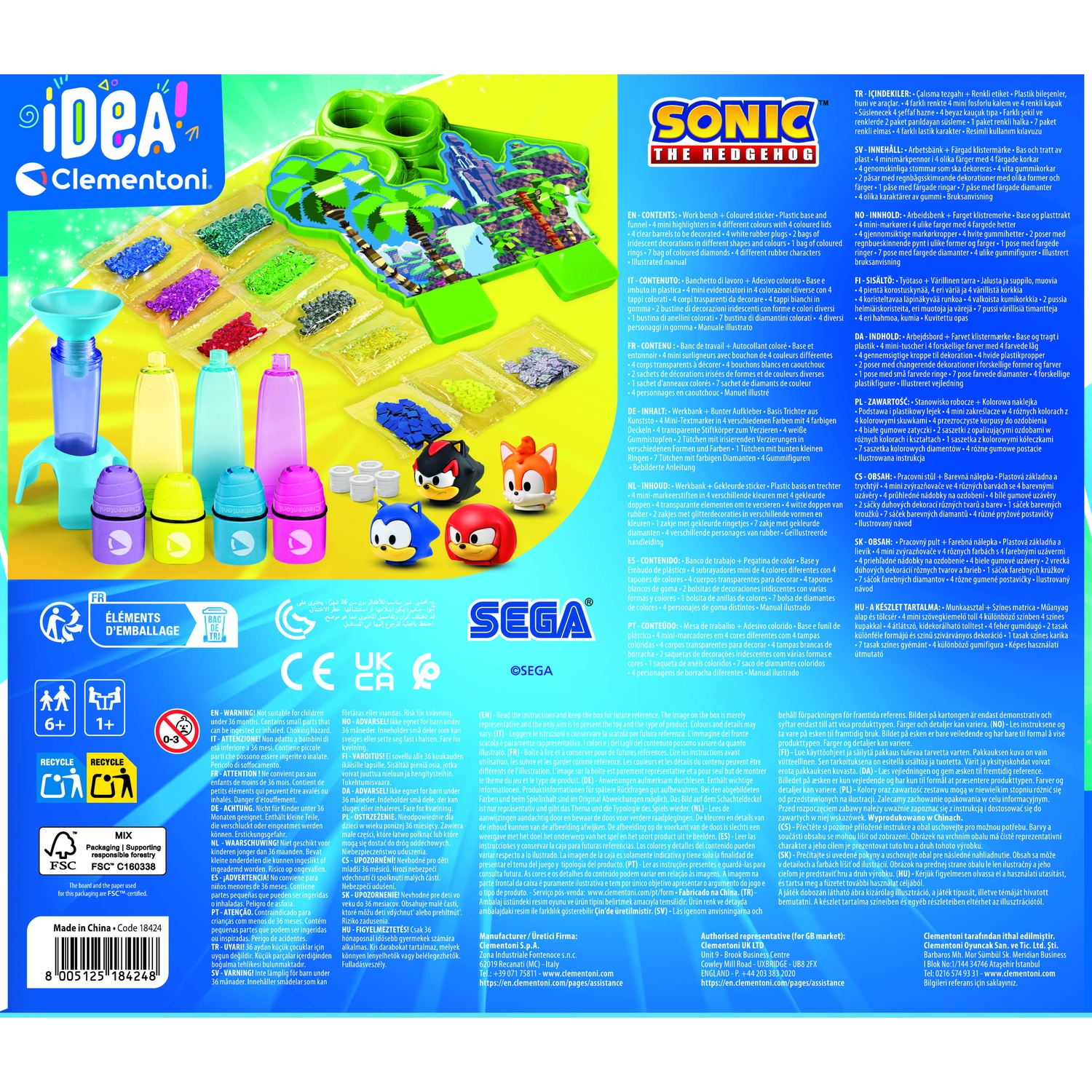 Kit fai da te di Sonic the Hedgehog con borracce colorate, adesivi e pezzi di gioco su prato verde.