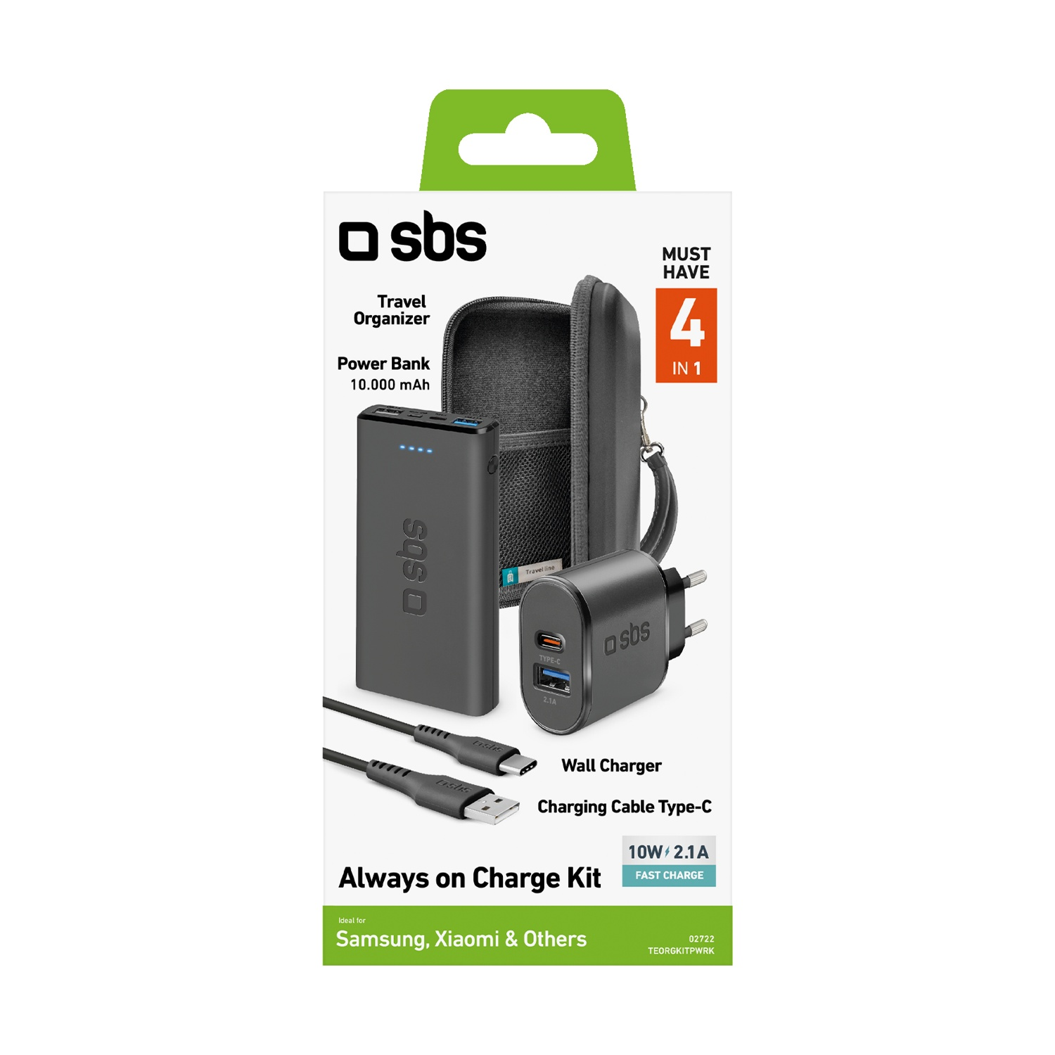 Kit di ricarica SBS con power bank da 10.000 mAh, caricabatterie da muro, cavo e astuccio.