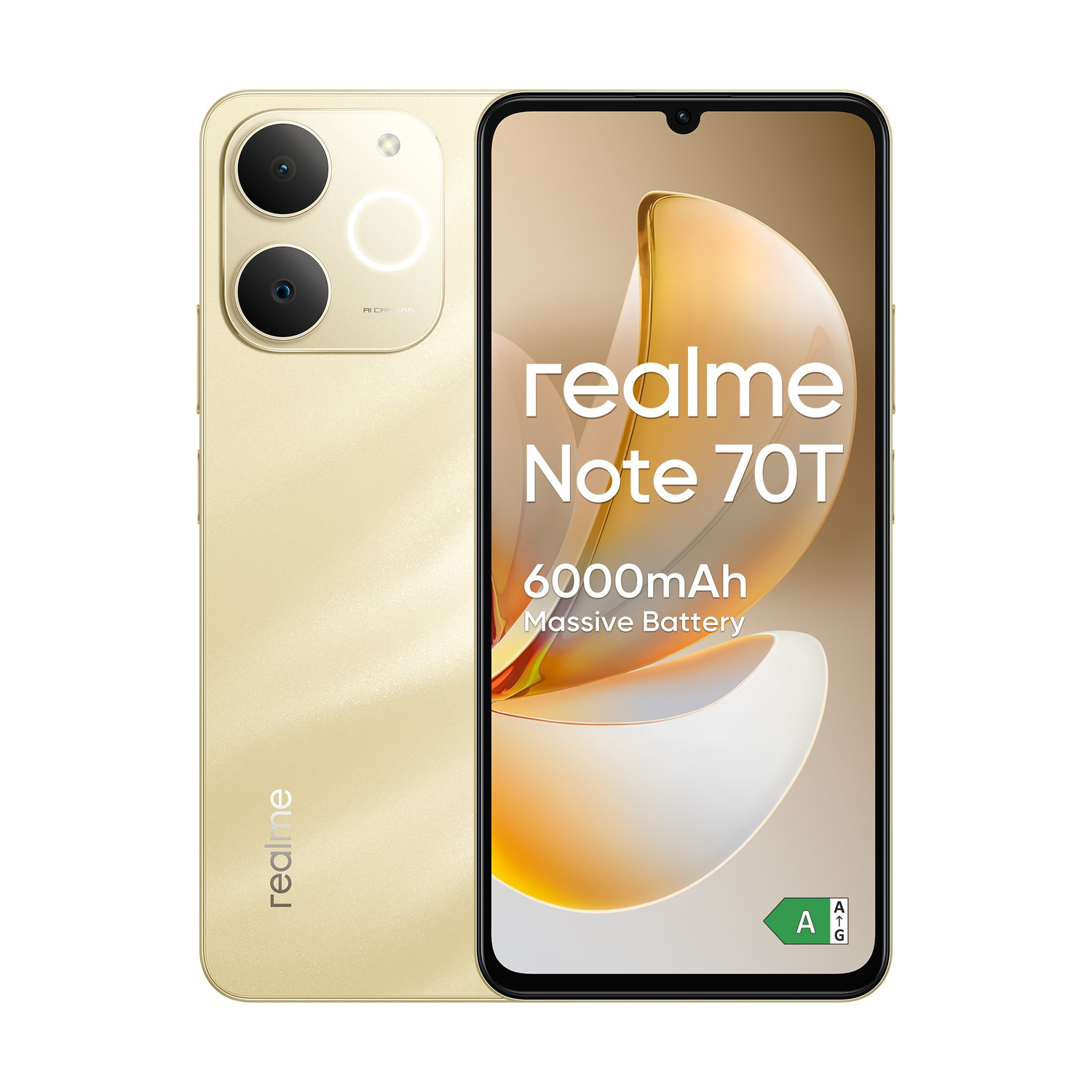 Smartphone realme Note 7T dorato, con vista frontale e posteriore, testo e fotocamere.