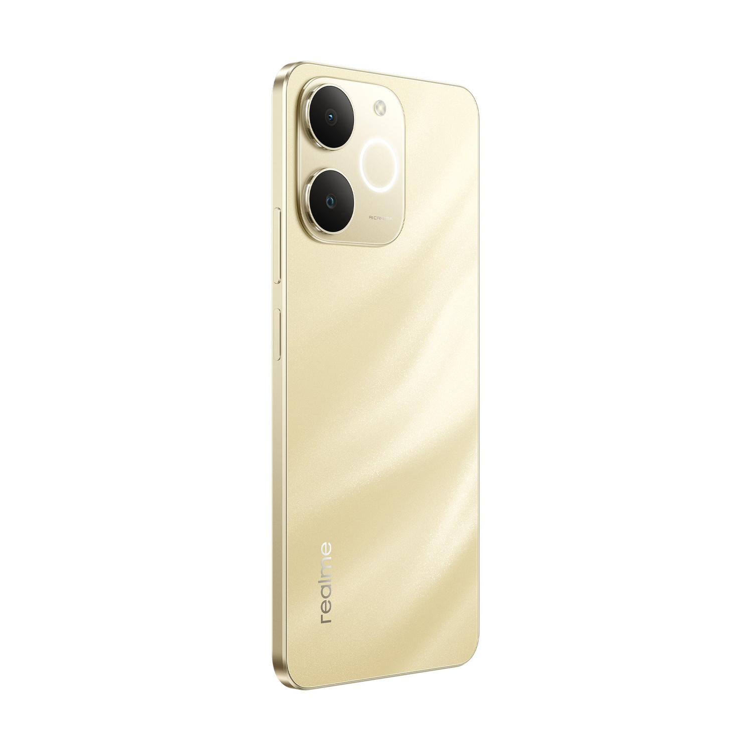 Retro di uno smartphone Realme dorato con due fotocamere verticali e il logo in basso.