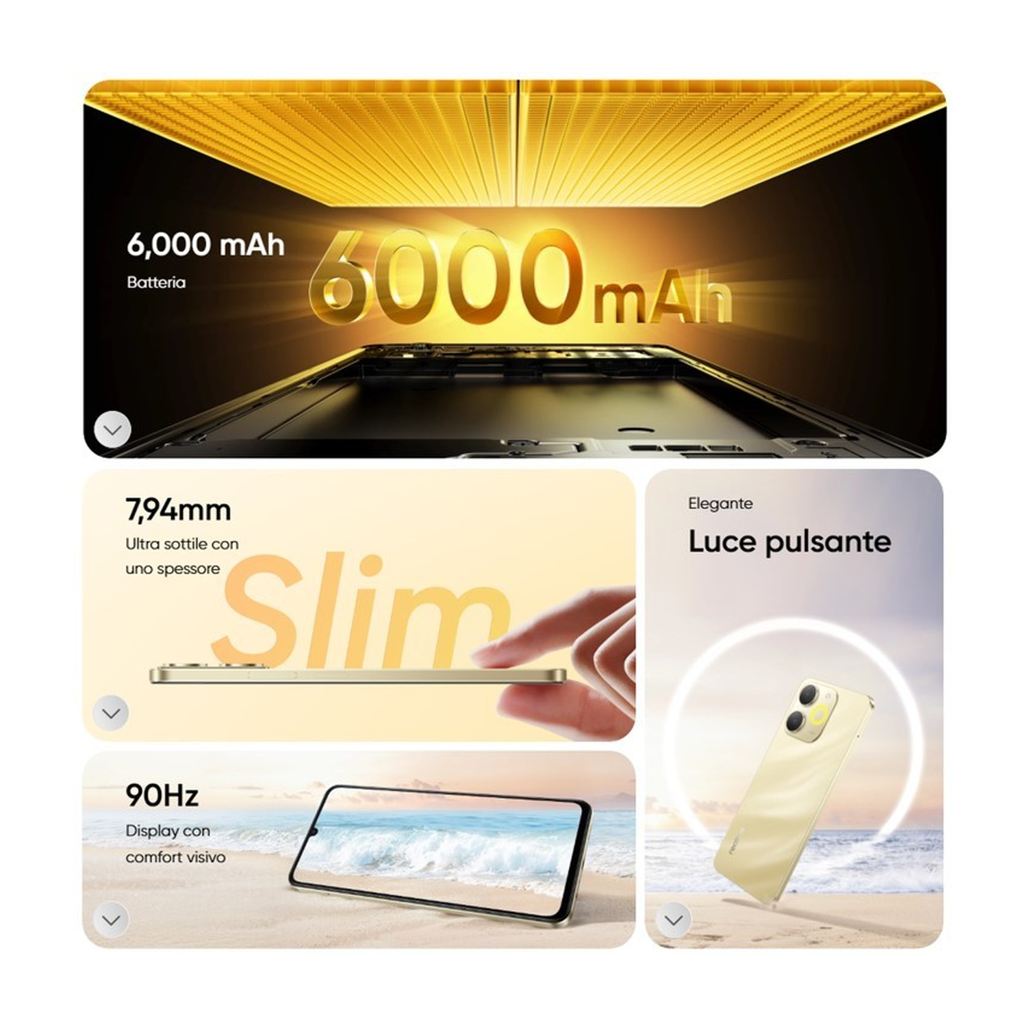 Grafica promozionale con le caratteristiche di uno smartphone oro: batteria da 6000mAh, design sottile, display a 90Hz e luce.