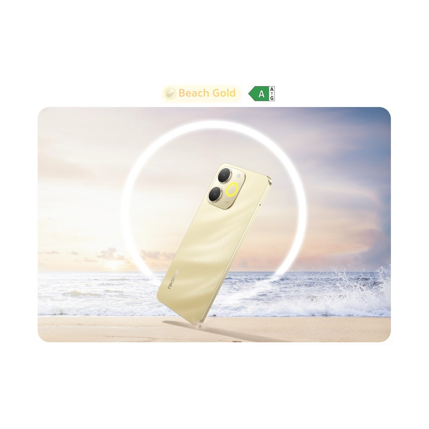 Uno smartphone dorato galleggia su una spiaggia davanti a un cerchio luminoso e l'oceano.