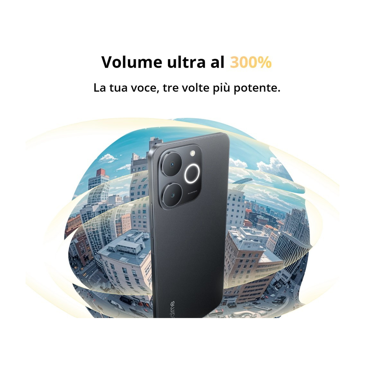 Uno smartphone nero con tripla fotocamera davanti a un paesaggio urbano sfocato e linee gialle curve.
