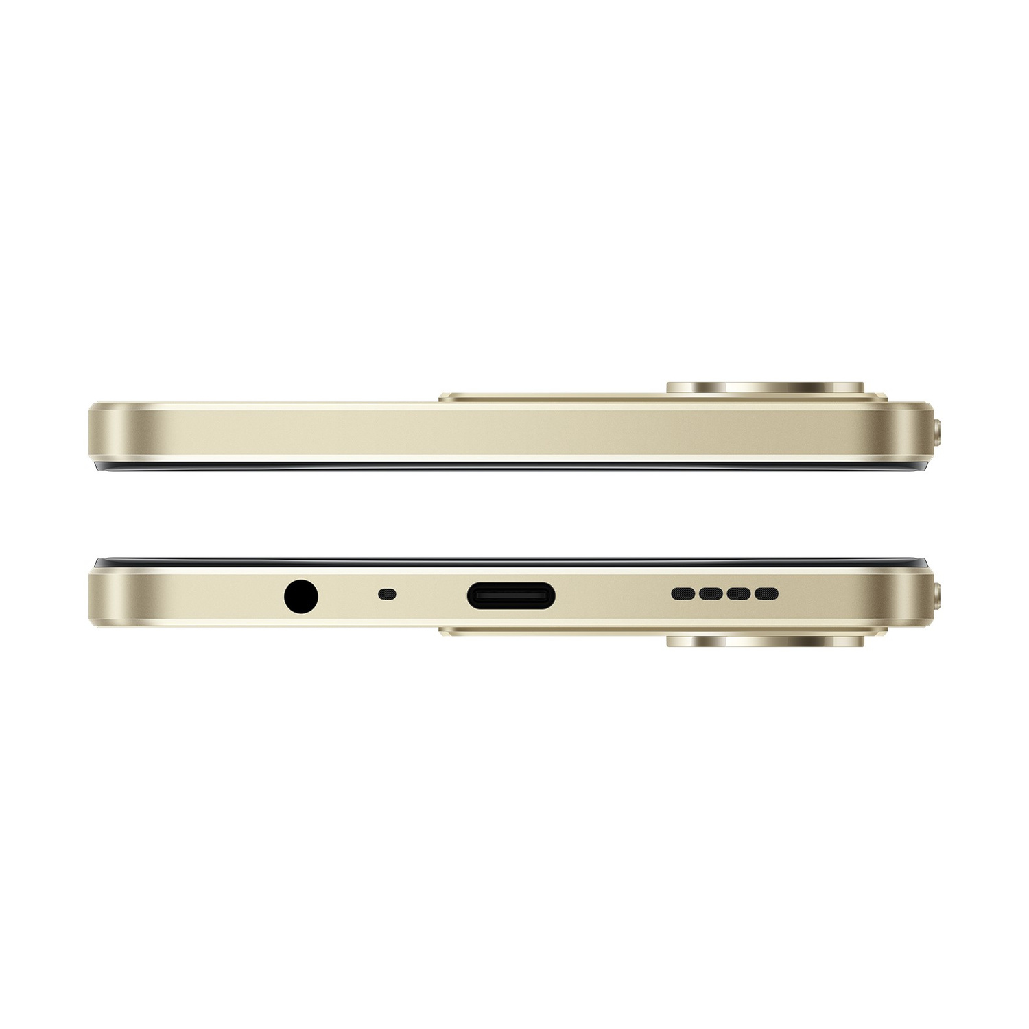 Vista laterale di uno smartphone dorato che mostra jack audio, porta USB-C e altoparlanti.