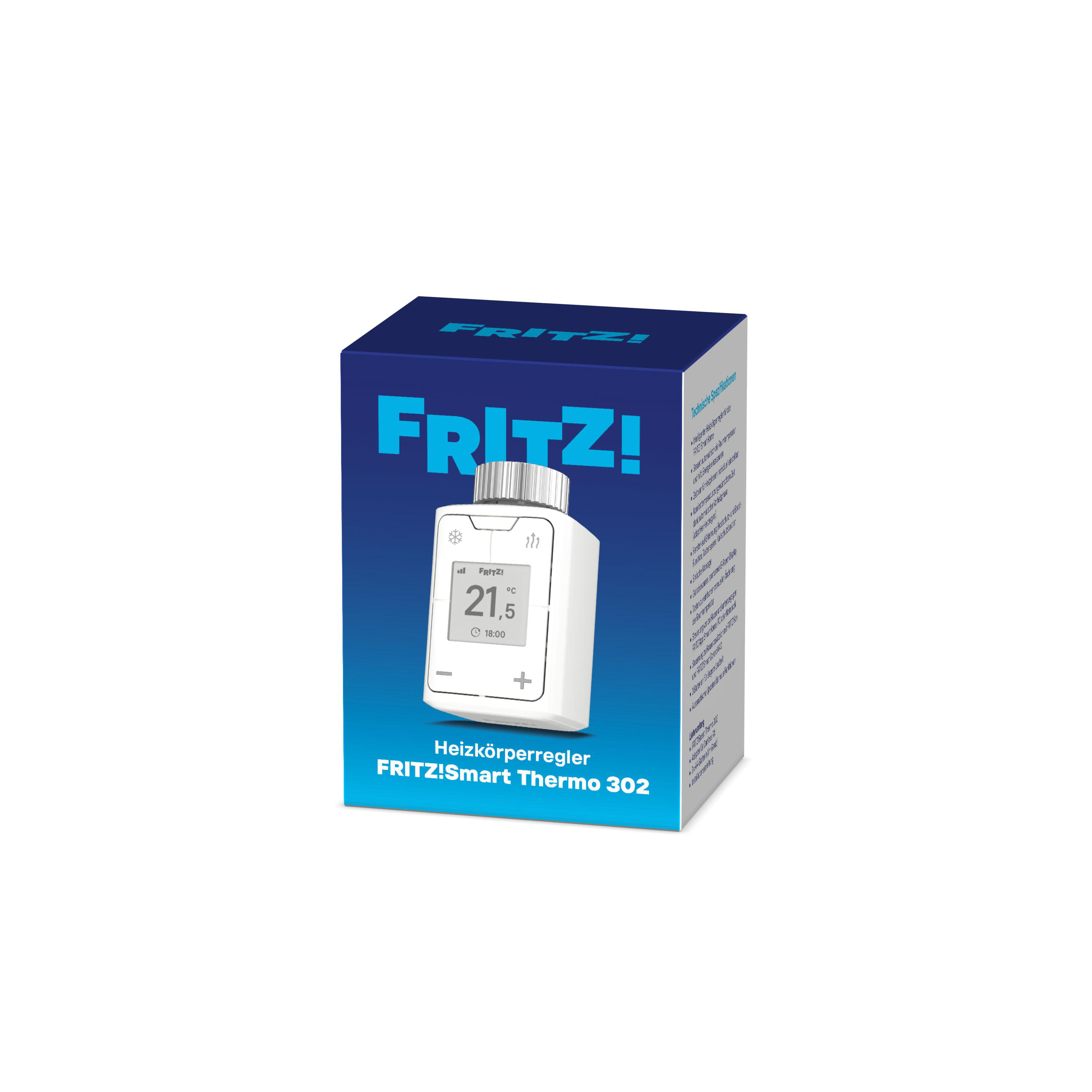 Blaue Produktverpackung des FRITZ!Smart Thermo 302 Heizkörperreglers mit weißem Gerät.