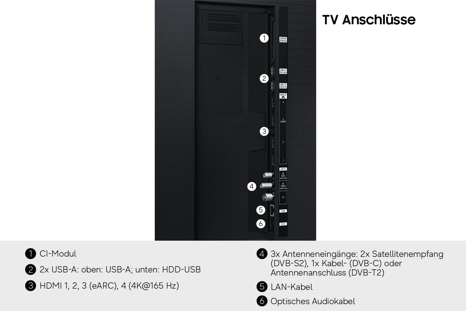 Rückseite eines Fernsehers mit beschrifteten Anschlüssen für CI, USB, HDMI, Antennen, LAN und Audio.