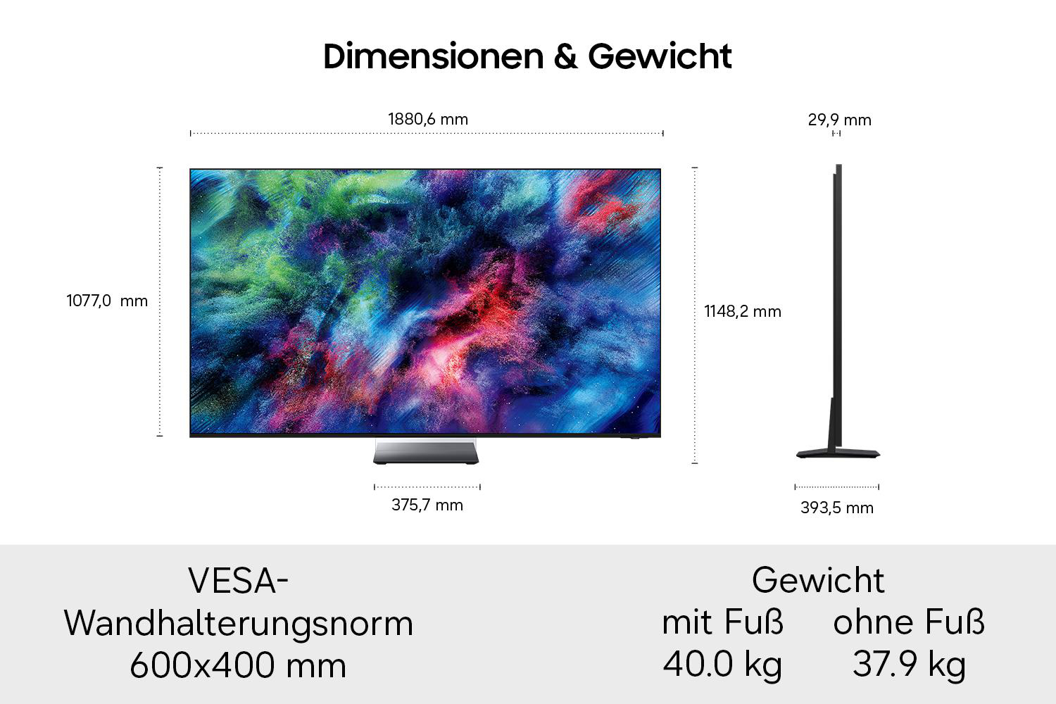 Technische Zeichnung der TV-Dimensionen, VESA-Norm 600x400 mm und Gewichtsangaben mit und ohne Fuß.