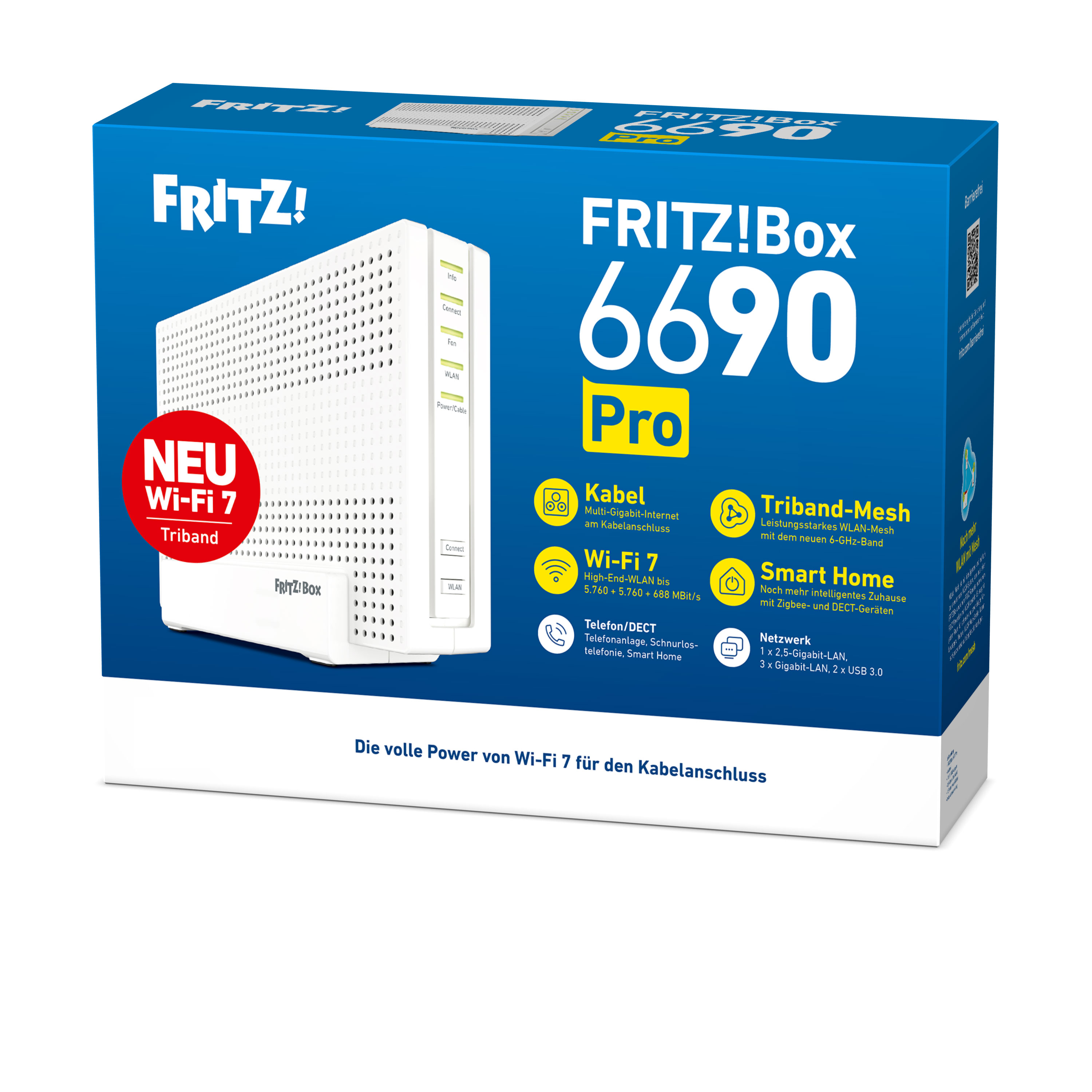 Verpackung der FRITZ!Box 6690 Pro mit weißem Router, blauer Gestaltung und Texten zu Wi-Fi 7.