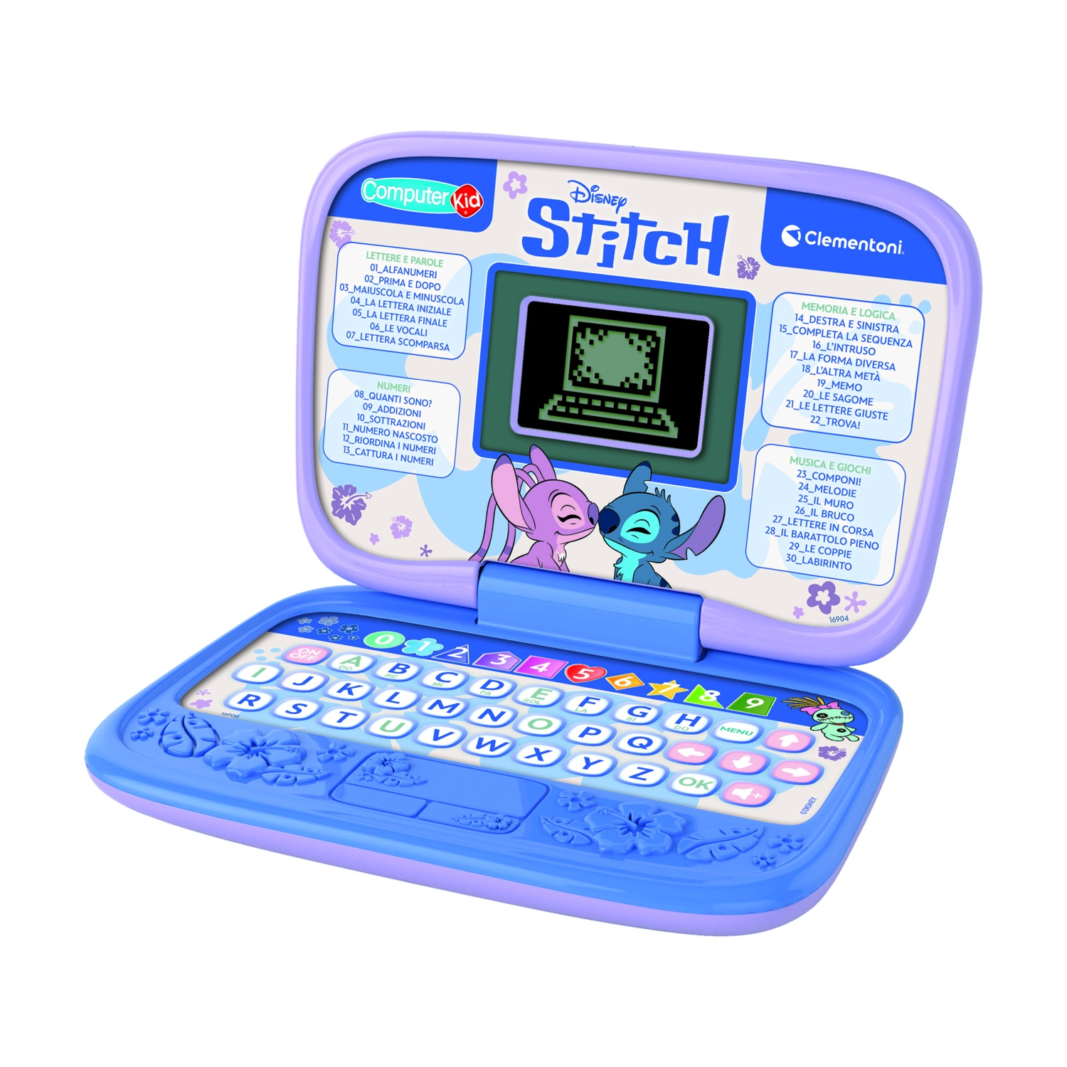 Un computer giocattolo Disney Stitch blu e viola con schermo e tastiera alfabetica.