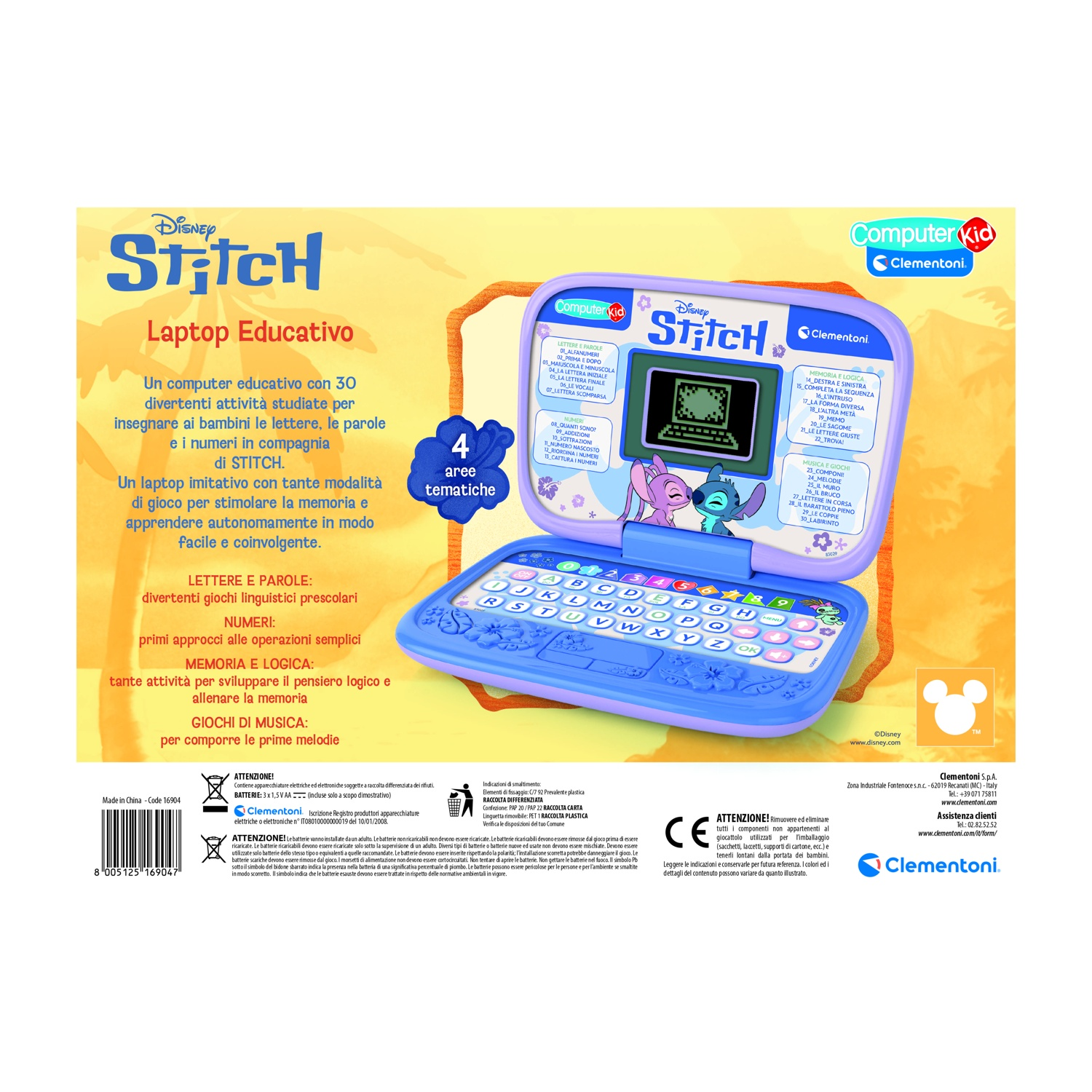 Confezione per un laptop educativo giocattolo Disney Stitch blu con tasti e grafiche colorate.