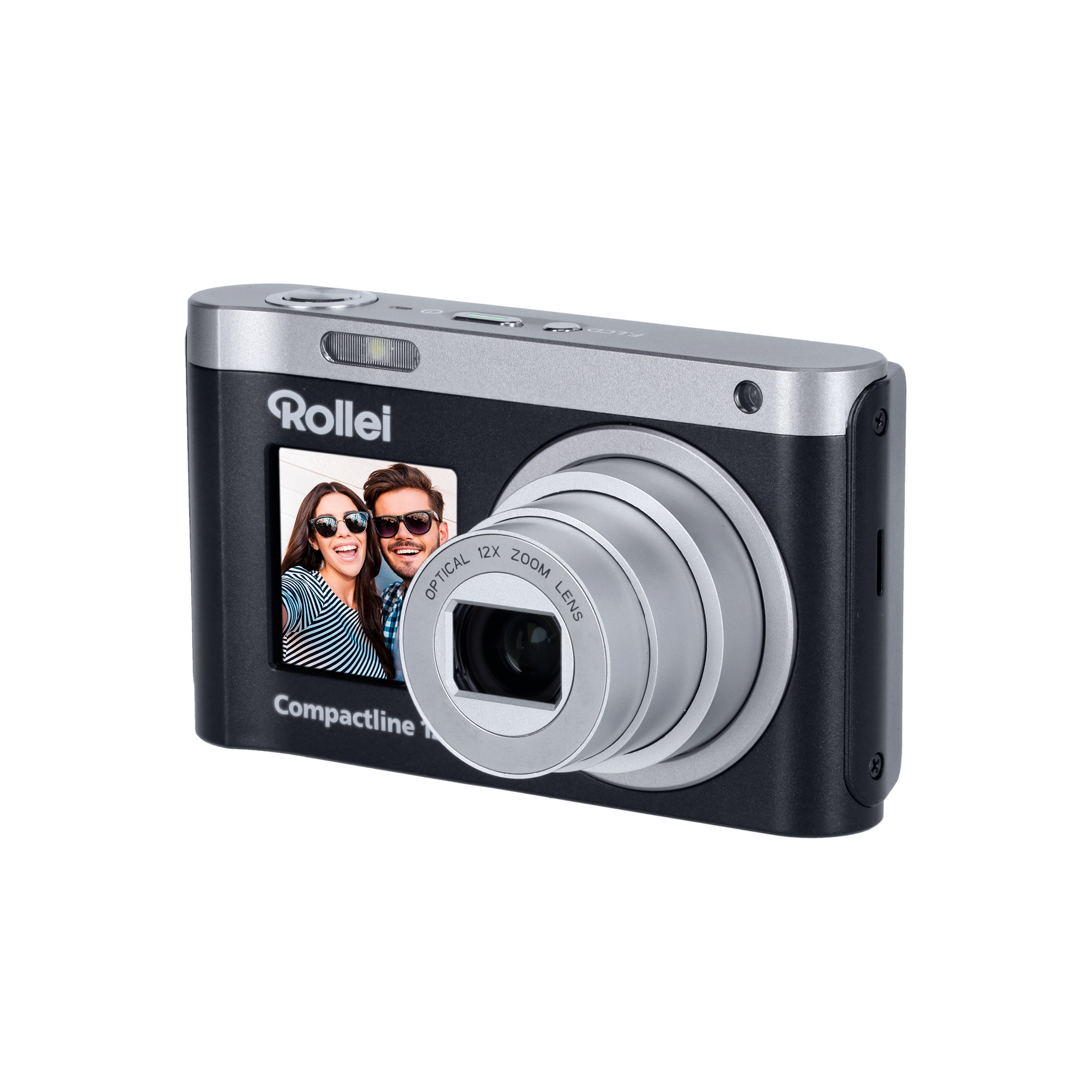 Schwarze und silberne Rollei Kompaktkamera mit einem 12x-Zoomobjektiv und Display auf der Vorderseite.