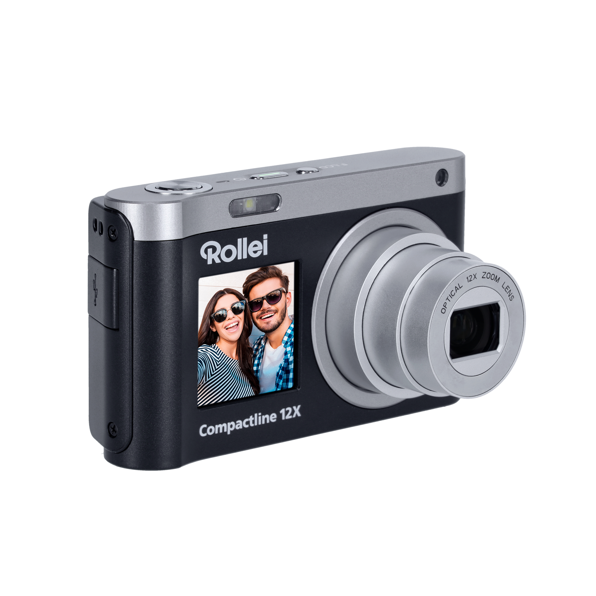 Eine schwarze und silberne Rollei Compactline 12X Digitalkamera mit Selfie-Bild auf dem Display auf schwarzem Grund.