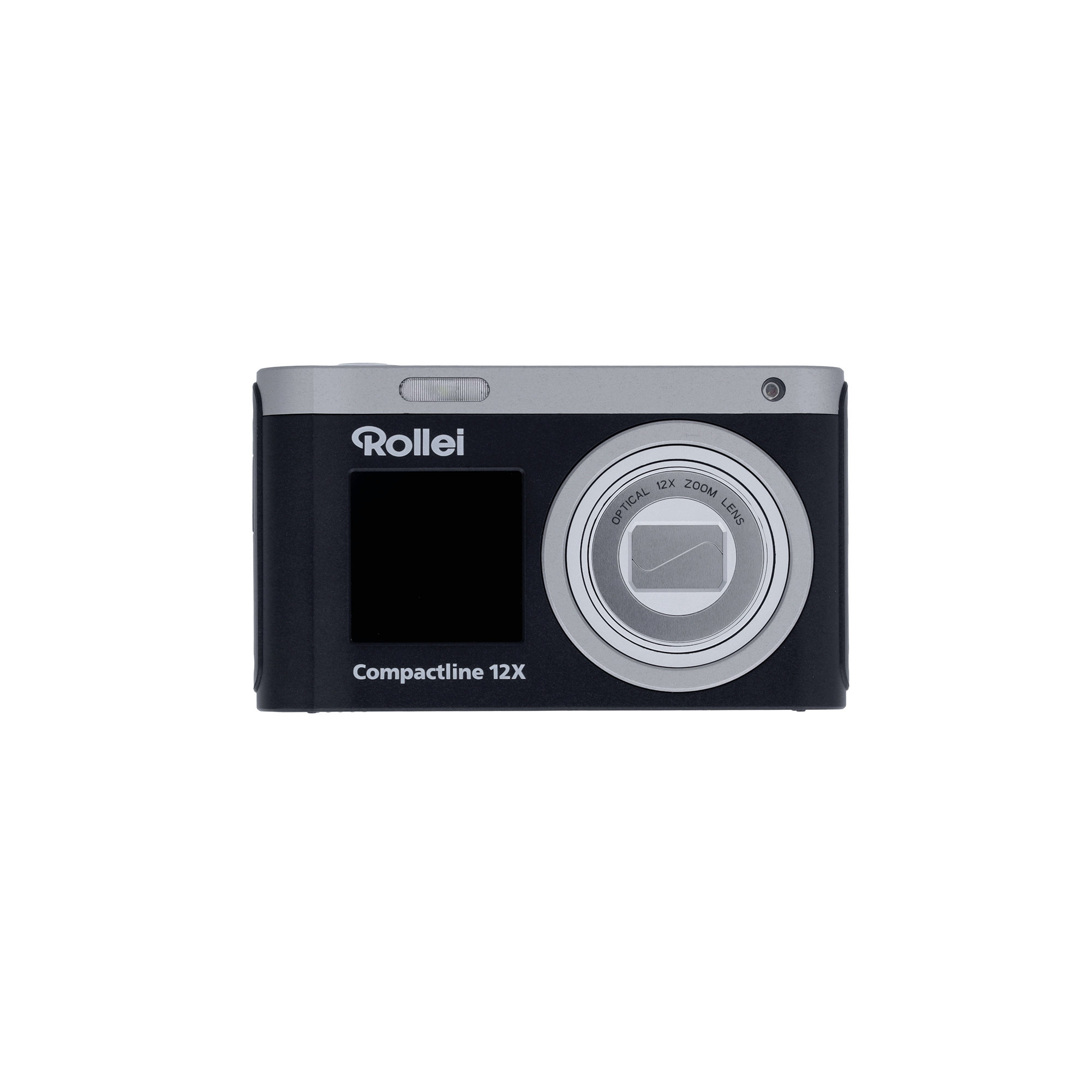 Schwarze Rollei Compactline 12X Digitalkamera mit silbernen Akzenten isoliert auf schwarzem Hintergrund.