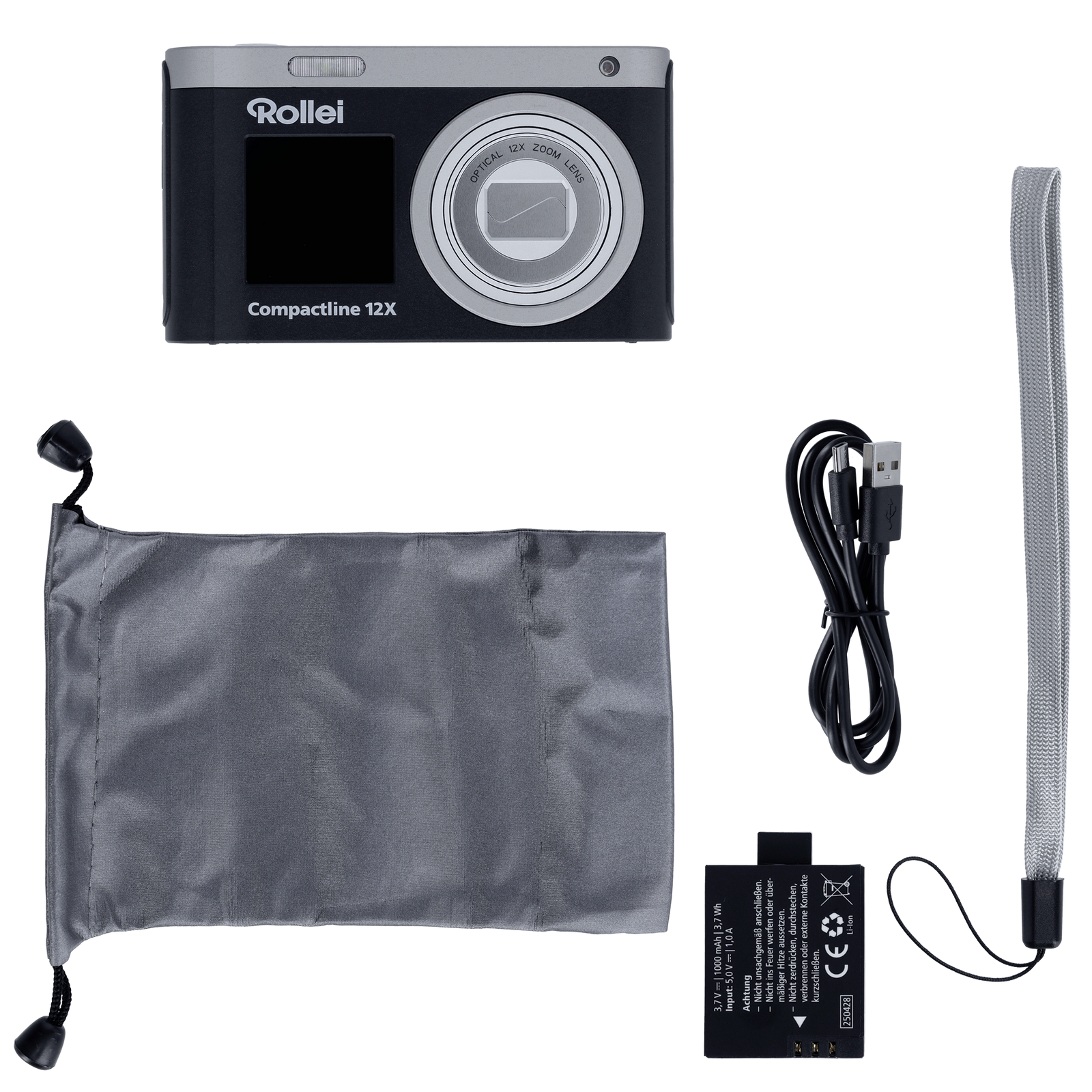 Rollei Compactline 12X Kamera, Tasche, USB-Kabel, Akku und Handschlaufe auf Schwarz.
