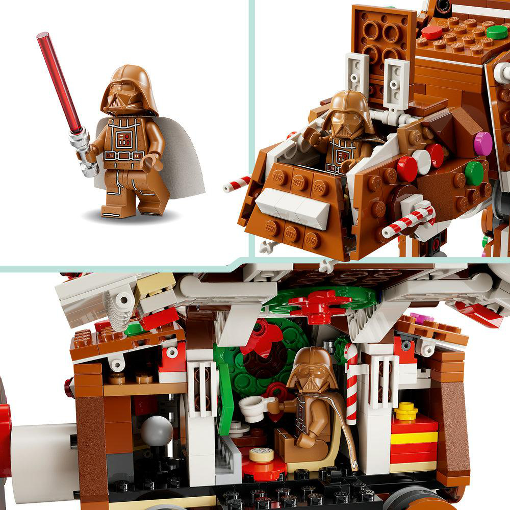 Lego-Weihnachts-Darth-Vader mit rotem Lichtschwert und braunem AT-AT-Walker mit detailliertem Innenraum.