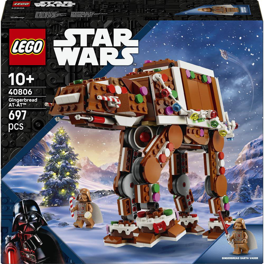 Lego Star Wars Lebkuchen AT-AT Box mit gebautem Modell in verschneiter Winterlandschaft.