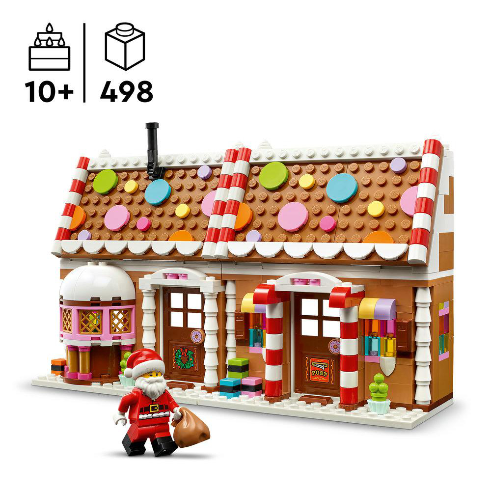 Lego Lebkuchenhaus mit bonbonfarbenem Dach, weißer Glasur und einer Weihnachtsmann-Figur davor.