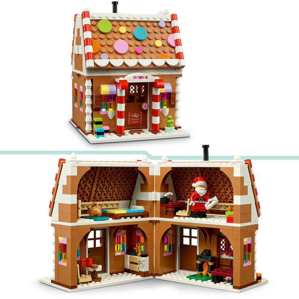 Ein Lego-Lebkuchenhaus im geschlossenen und geöffneten Zustand mit einer Santa-Minifigur und Möbeln innen.