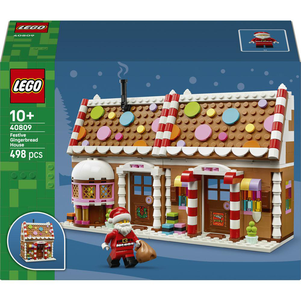 Lego-Packung mit einem festlichen Lebkuchenhaus und einer Weihnachtsmann-Minifigur vor blauem Hintergrund.